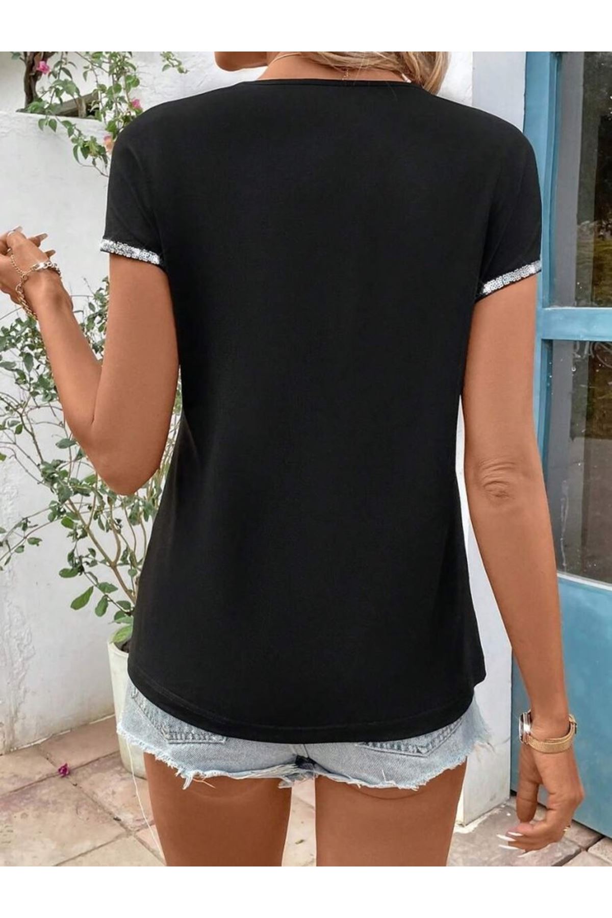 Kadın Kısa Kollu önden Fermuarlı Kol Ucu ışıltılı Viskon Bluz