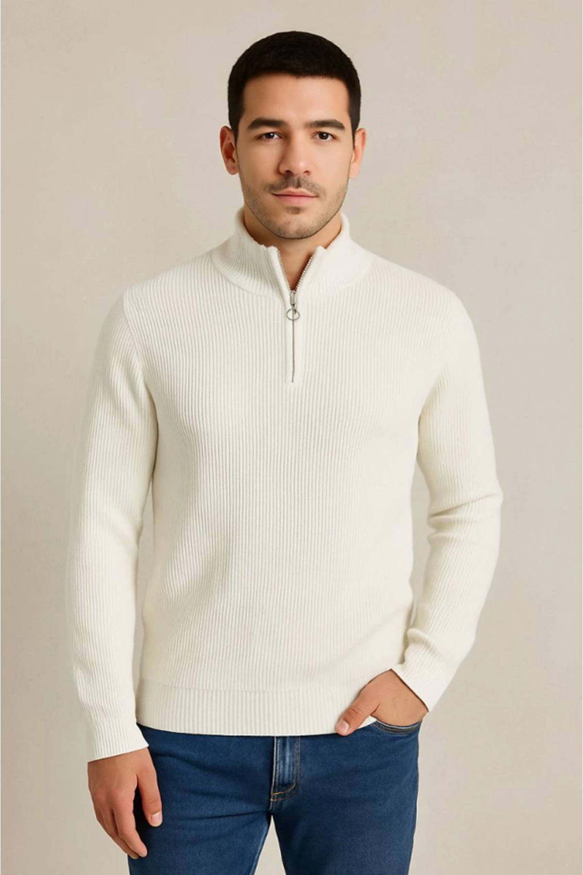 Erkek Yarım Fermuarlı Triko Kazak – Selanik Örgü, Dik Yaka, Pamuklu Dokuma, Regular Fit Uzun Kollu Kışlık Model - Beyaz