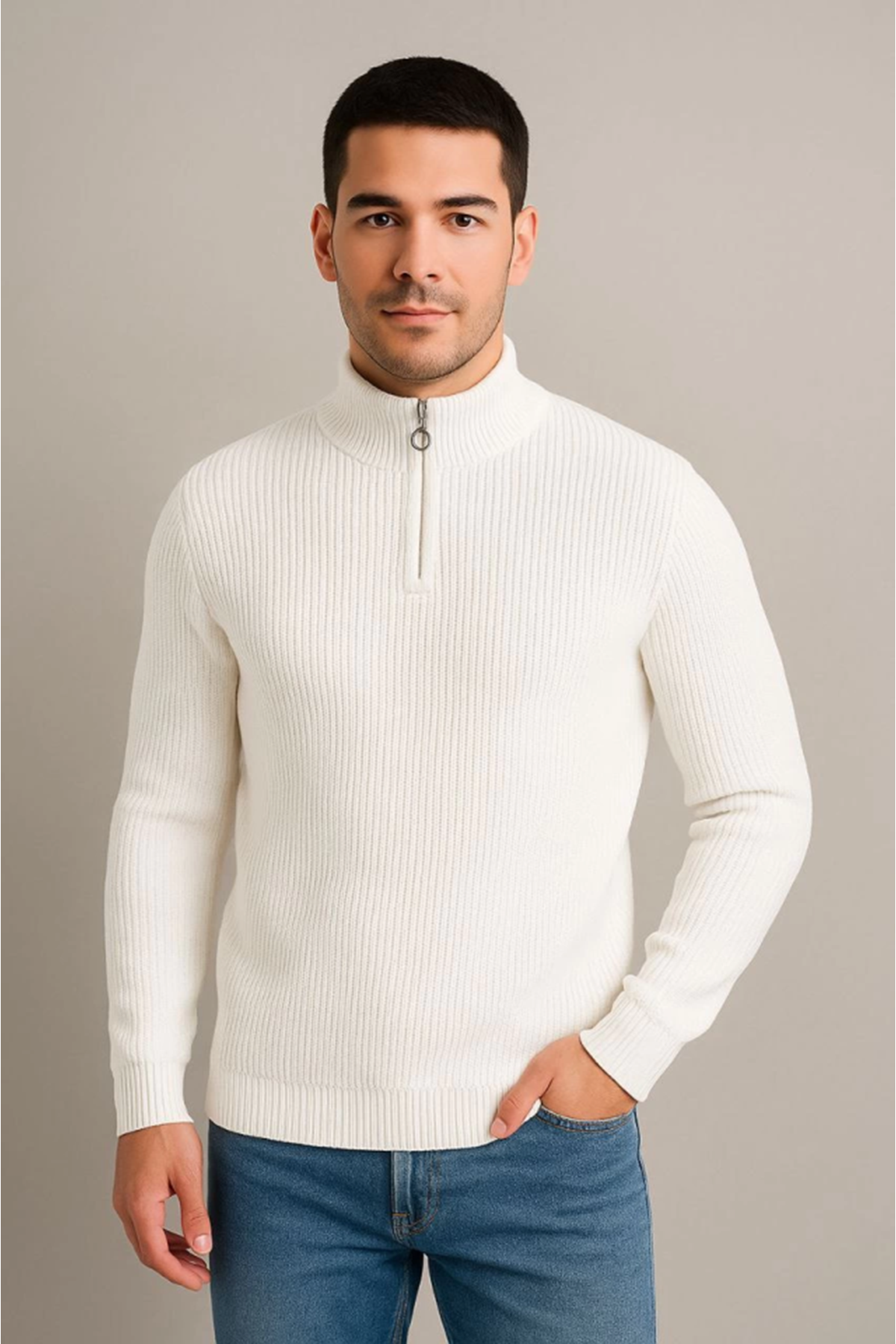 Erkek Yarım Fermuarlı Triko Kazak – Selanik Örgü, Dik Yaka, Pamuklu Dokuma, Regular Fit Uzun Kollu Kışlık Model - Beyaz