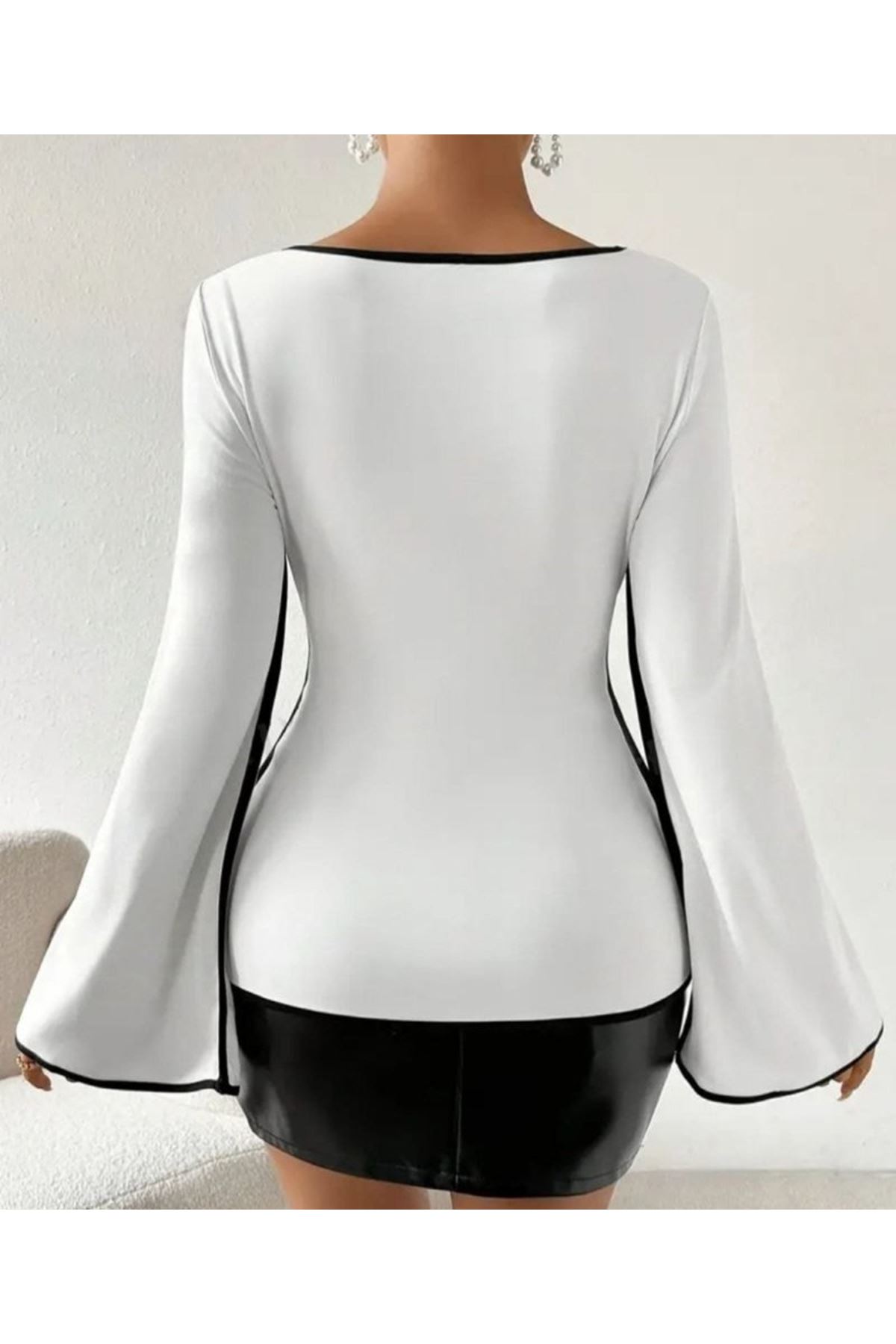 Kadın U Yaka Siyah şerit Detyalı Yarasa Kol Dalgıç Kumaş Arabiyeli Bluz