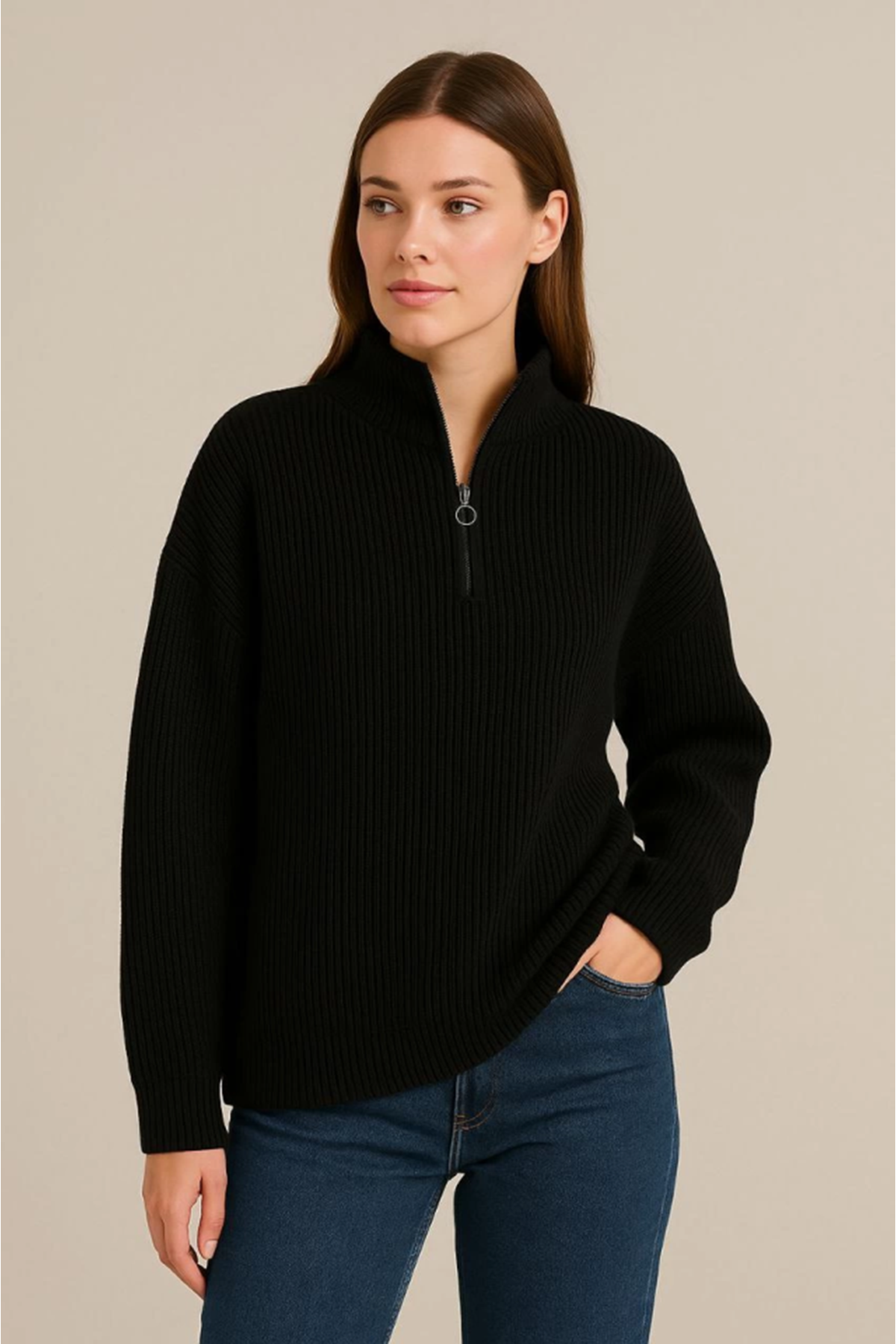 KADIN Yarım Fermuarlı Triko Kazak – Selanik Örgü, Dik Yaka, Pamuklu Dokuma, Oversize Uzun Kollu Kışlık Model - Siyah