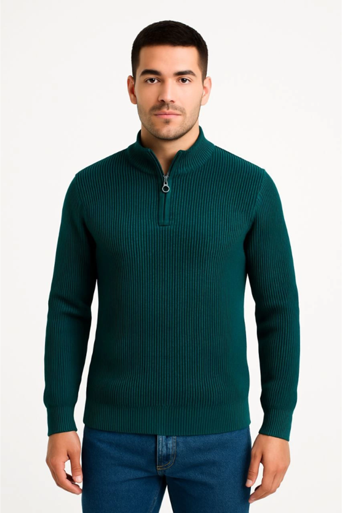 Erkek Yarım Fermuarlı Triko Kazak – Selanik Örgü, Dik Yaka, Pamuklu Dokuma, Regular Fit Uzun Kollu Kışlık Model - Haki