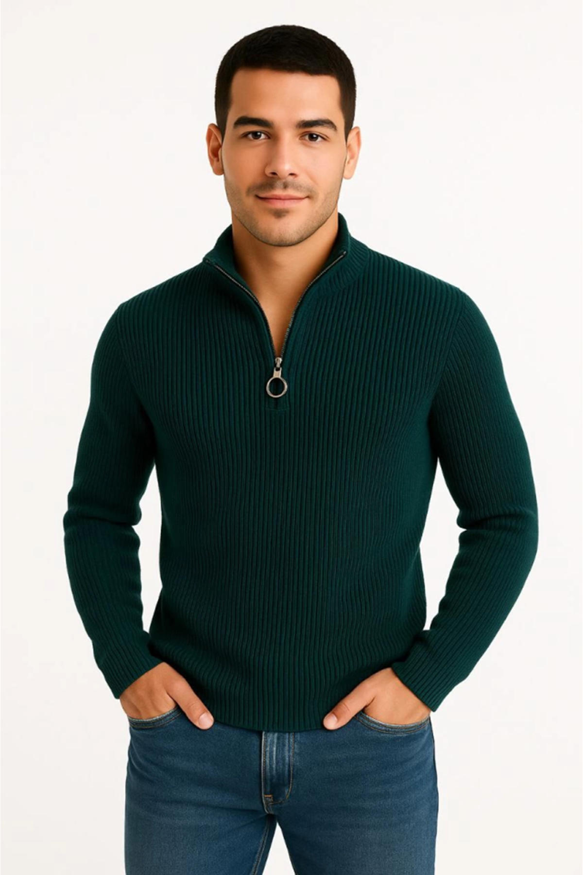 Erkek Yarım Fermuarlı Triko Kazak – Selanik Örgü, Dik Yaka, Pamuklu Dokuma, Regular Fit Uzun Kollu Kışlık Model - Haki