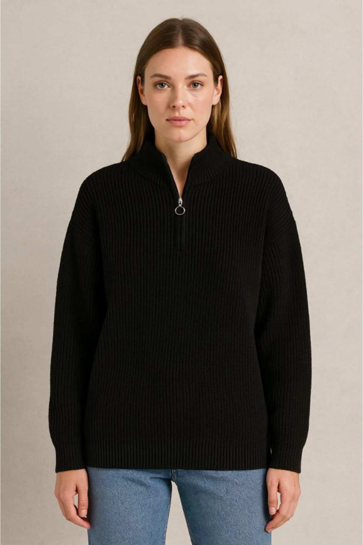 KADIN Yarım Fermuarlı Triko Kazak – Selanik Örgü, Dik Yaka, Pamuklu Dokuma, Oversize Uzun Kollu Kışlık Model - Siyah