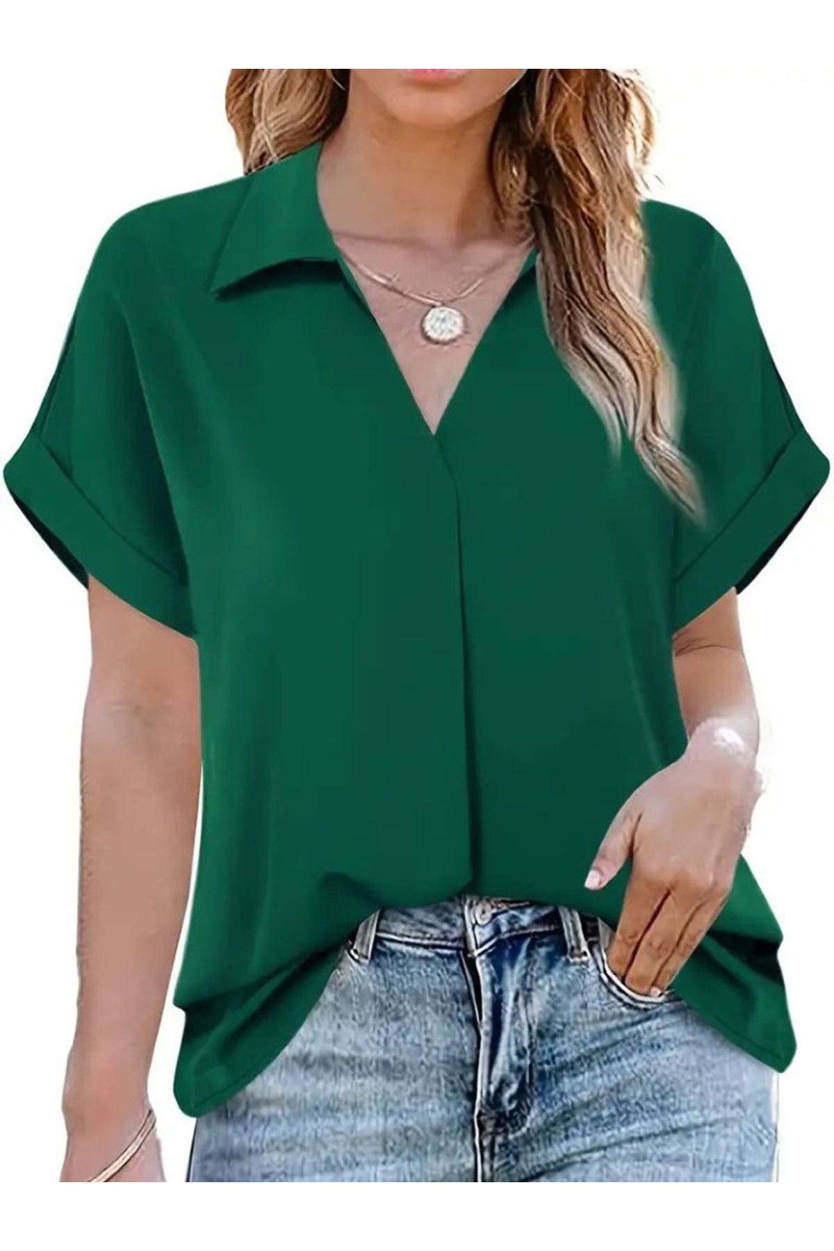 Kadın Kısa Kollu Yakalı Uzun Sandy Bluz