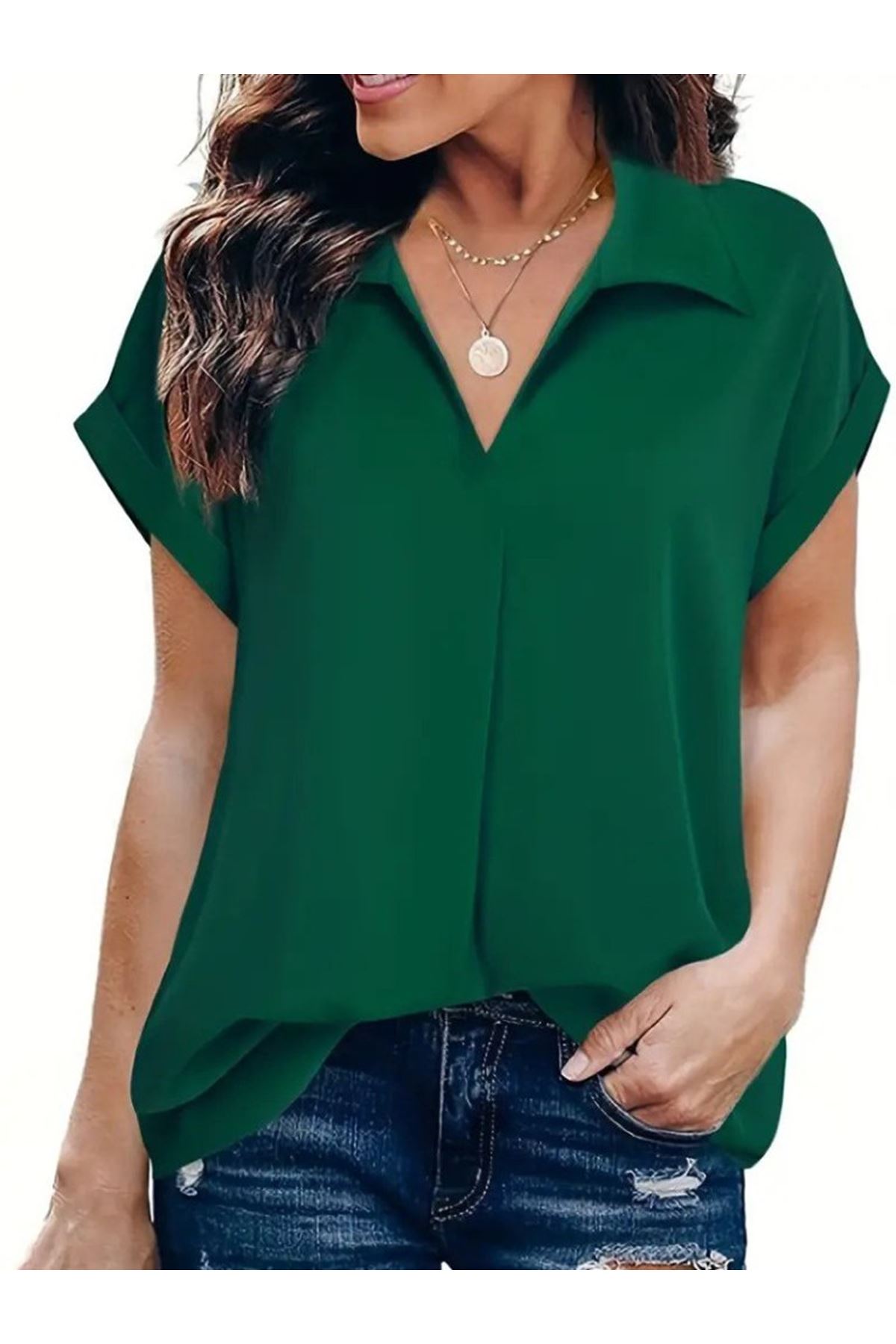 Kadın Kısa Kollu Yakalı Uzun Sandy Bluz