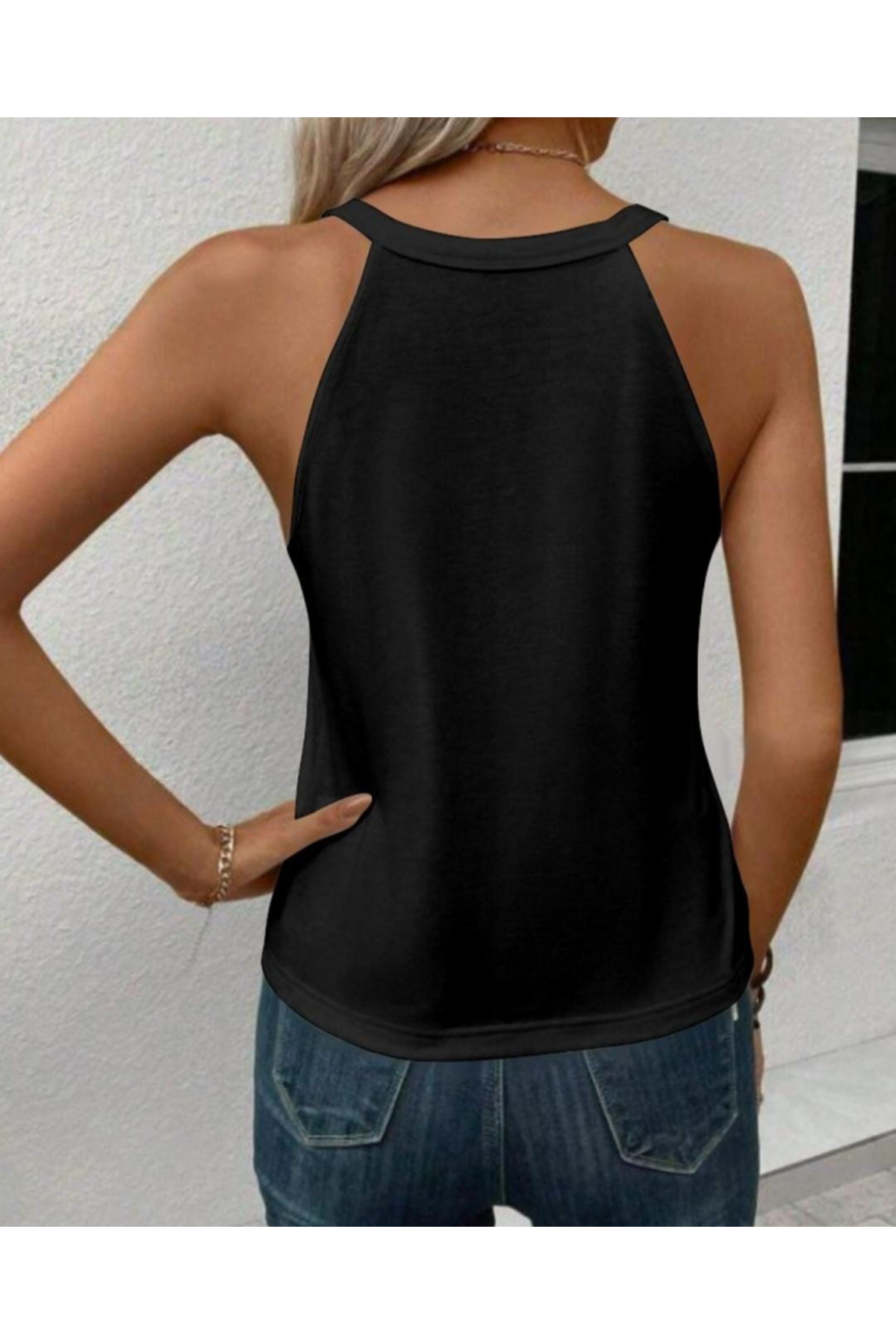 Kadın Sıfır Kol Halter Yaka Kalp Baskılı Viskon Bluz