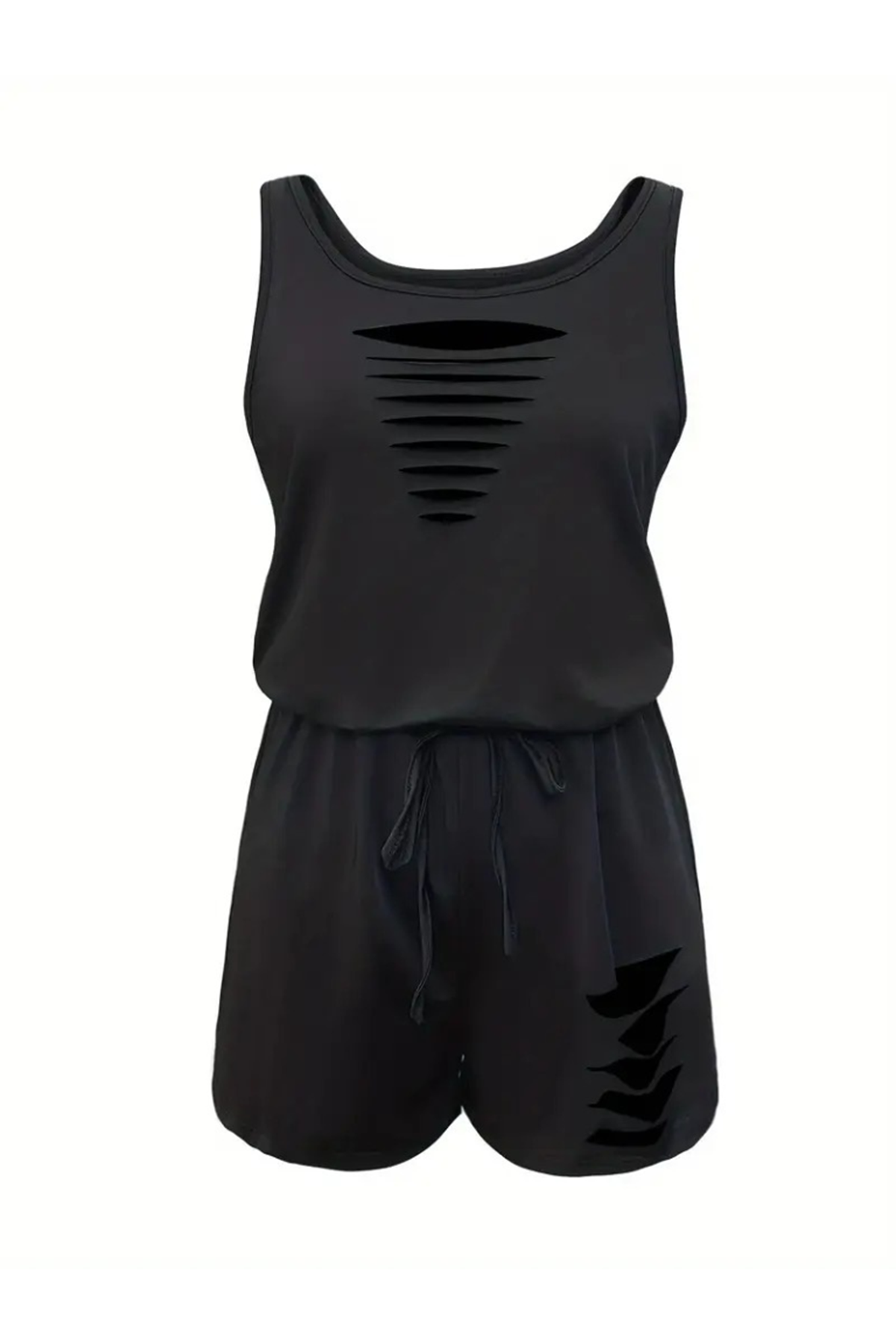 Kadın Askılı Yuvarlak Yaka Lazer Kesim Detaylı Bağcıklı Kısa Viskon Tulum