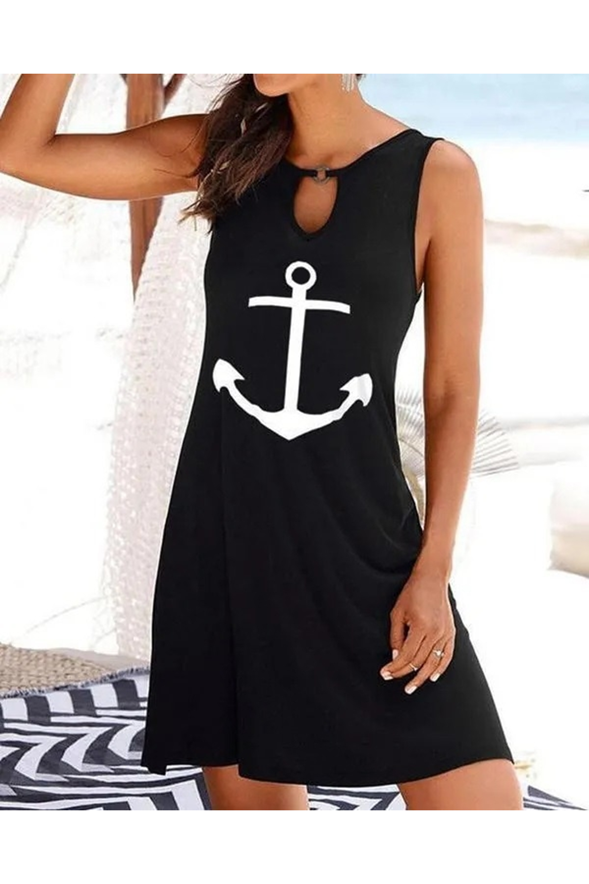 Kadın Kolsuz Halka Detay çıpa Baskılı Viskon Elbise