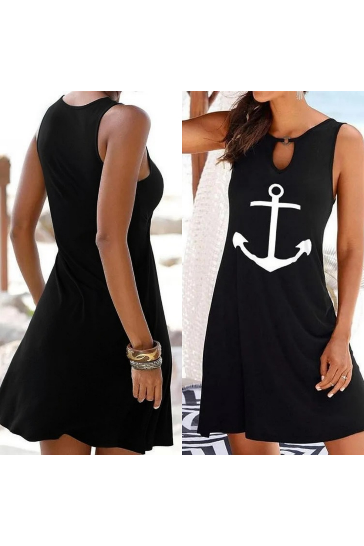 Kadın Kolsuz Halka Detay çıpa Baskılı Viskon Elbise