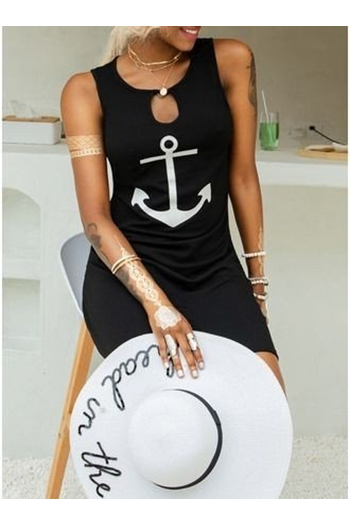 Kadın Kolsuz Halka Detay çıpa Baskılı Viskon Elbise