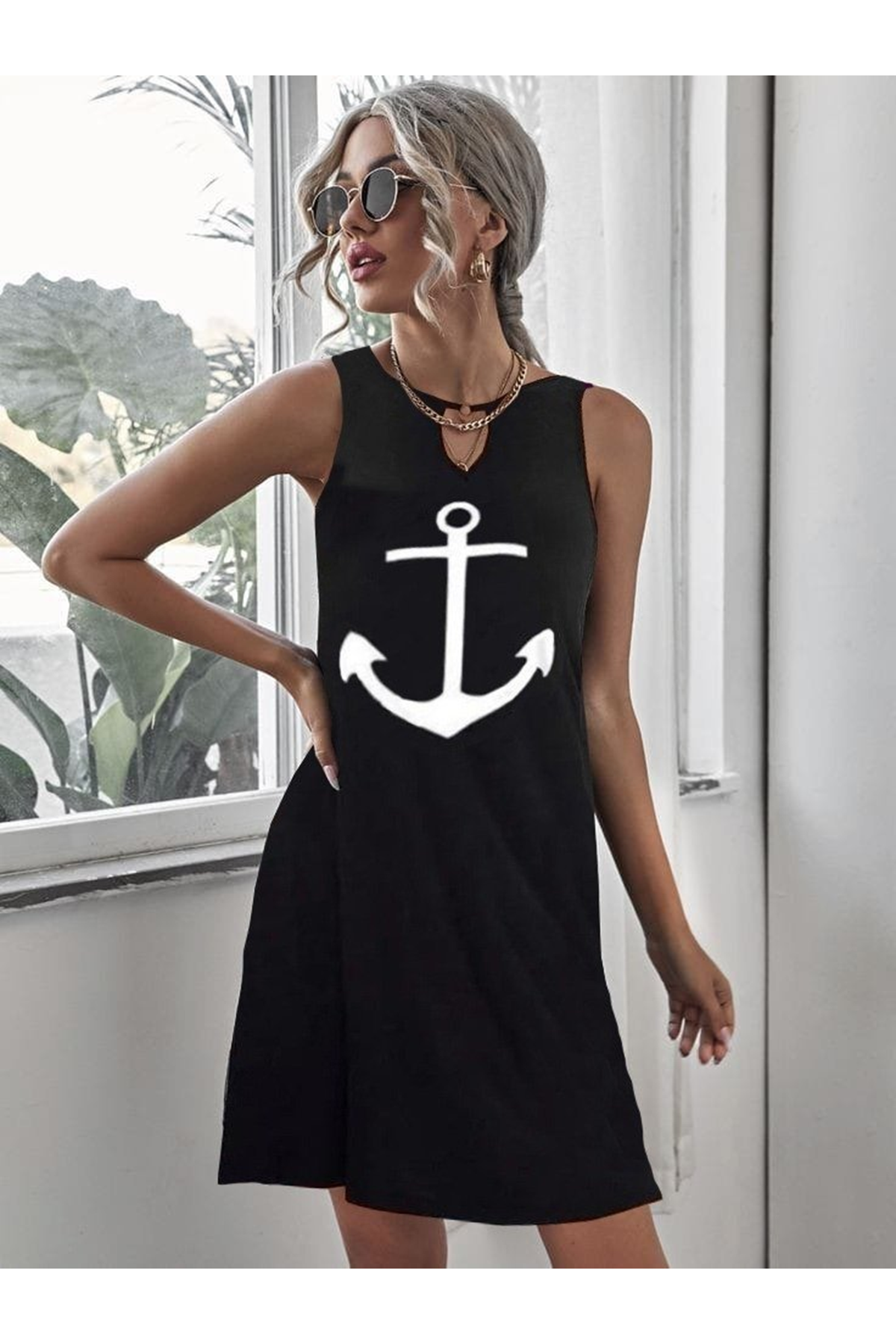 Kadın Kolsuz Halka Detay çıpa Baskılı Viskon Elbise