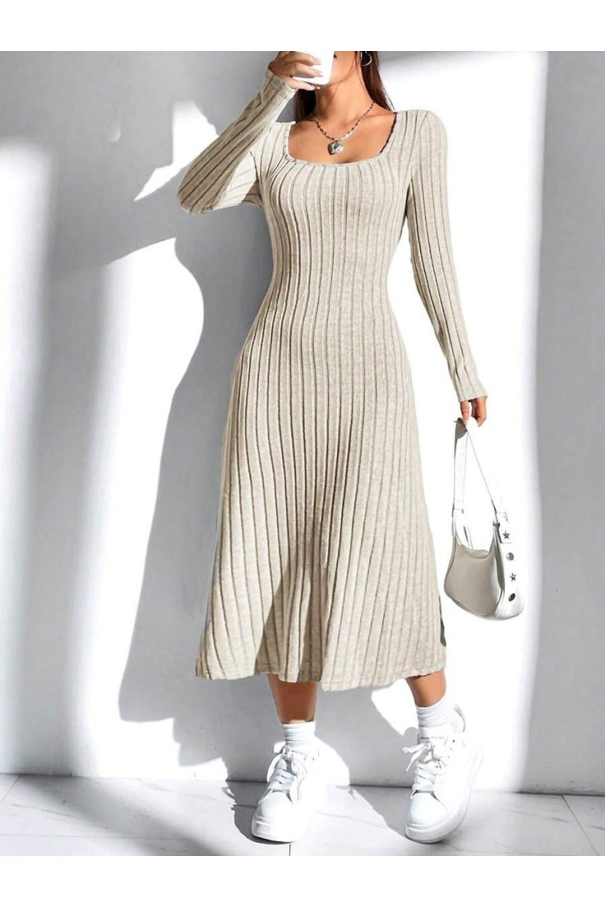 Kadın Uzun Kollu Kare Yaka Midi Kaşkorse Elbise