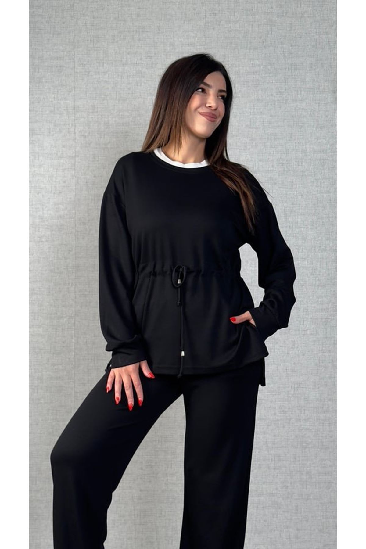 Kadın Uzun Kollu Yaka Ve Büzgü Detay Tunik Ve Pantolon Ikili Takım