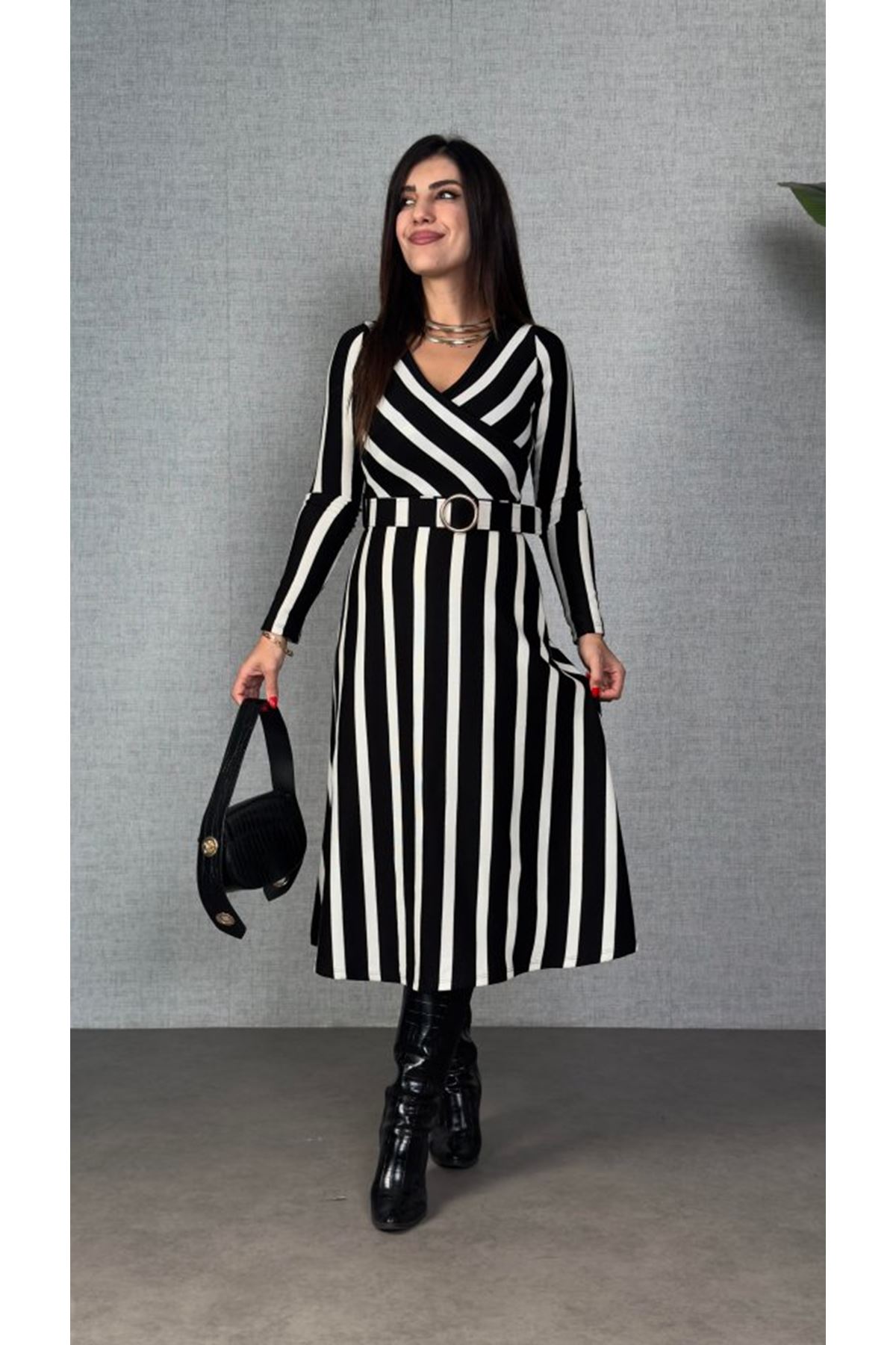 Kadın Uzun Kollu Kruvaze Yaka Kemer Dahil çizgili Triko Elbise