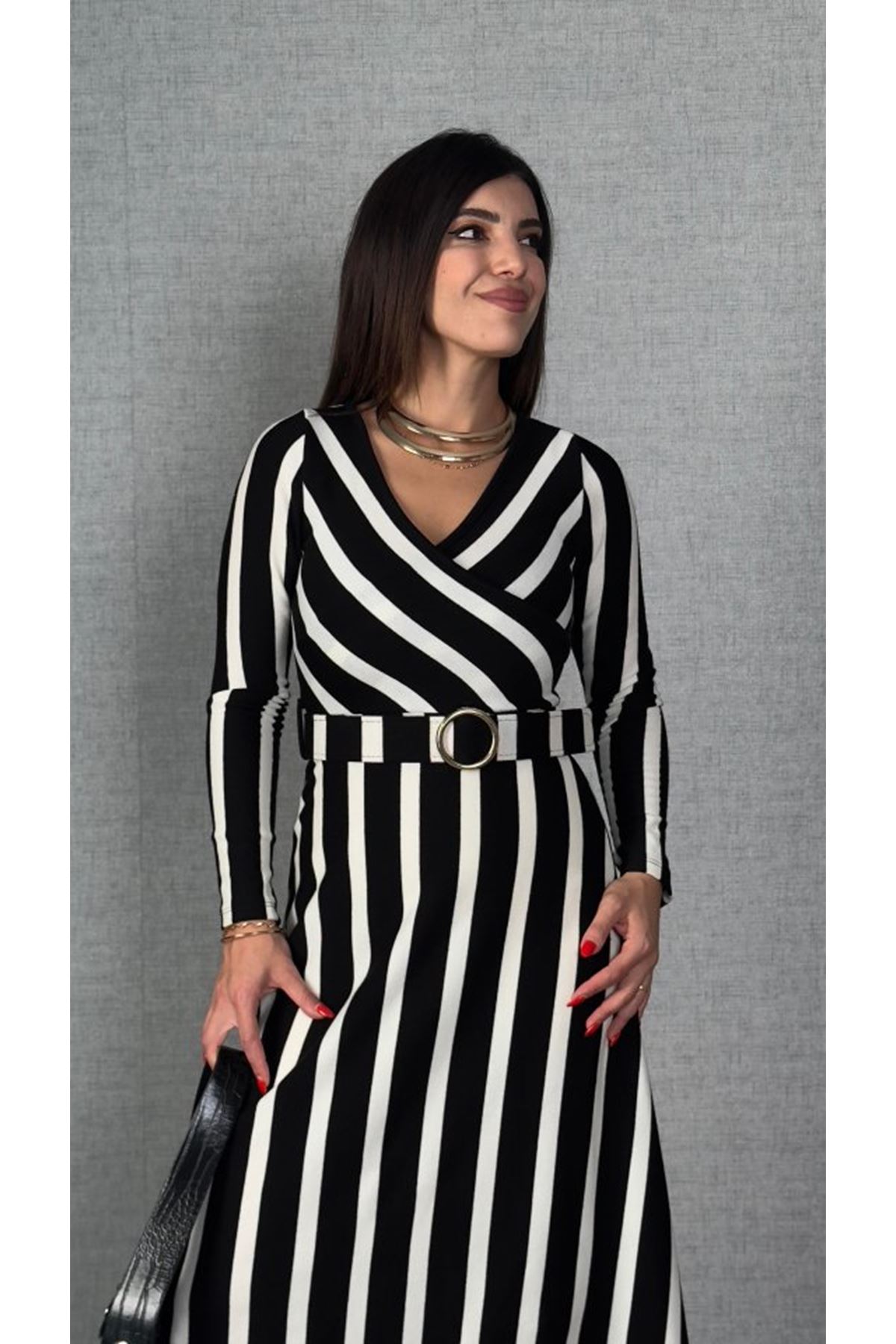 Kadın Uzun Kollu Kruvaze Yaka Kemer Dahil çizgili Triko Elbise