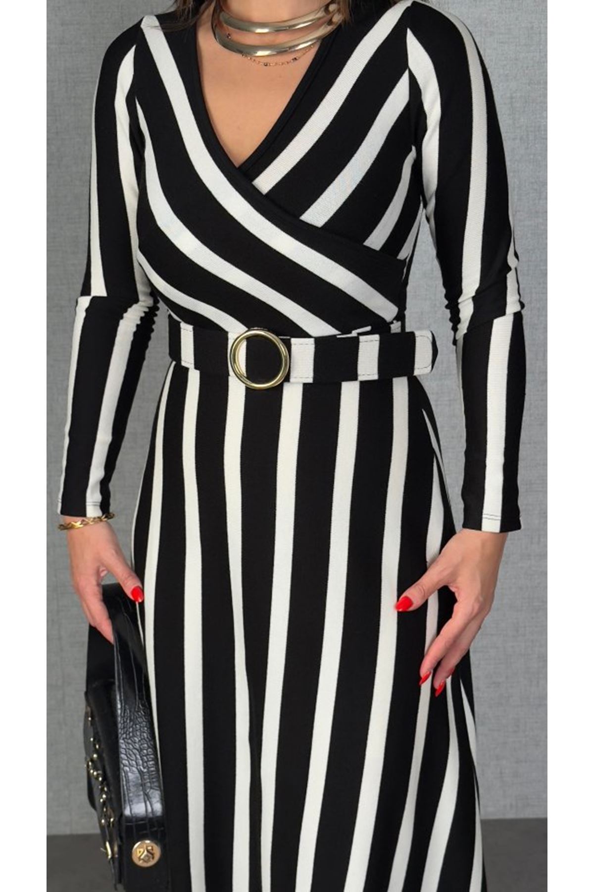 Kadın Uzun Kollu Kruvaze Yaka Kemer Dahil çizgili Triko Elbise