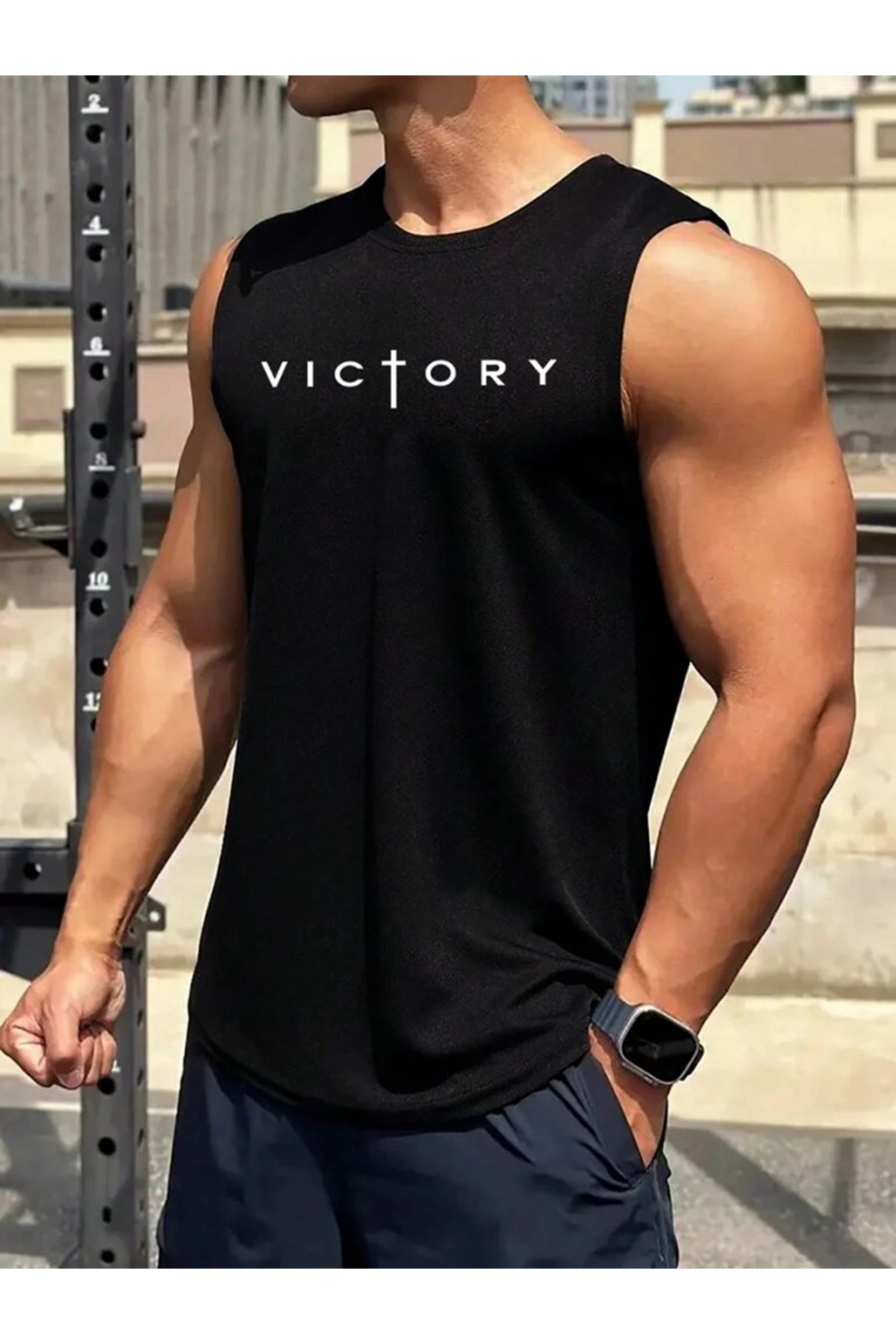 Erkek Sıfır Kol Victory Baskılı Süprem Tişört