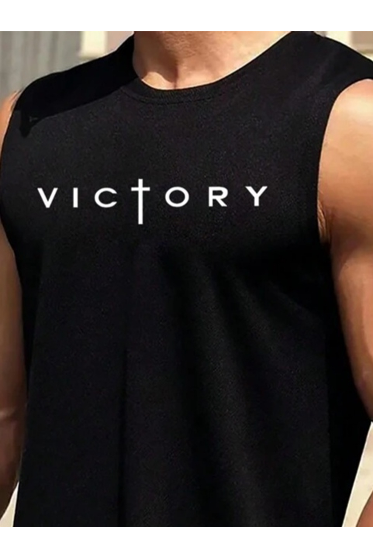 Erkek Sıfır Kol Victory Baskılı Süprem Tişört