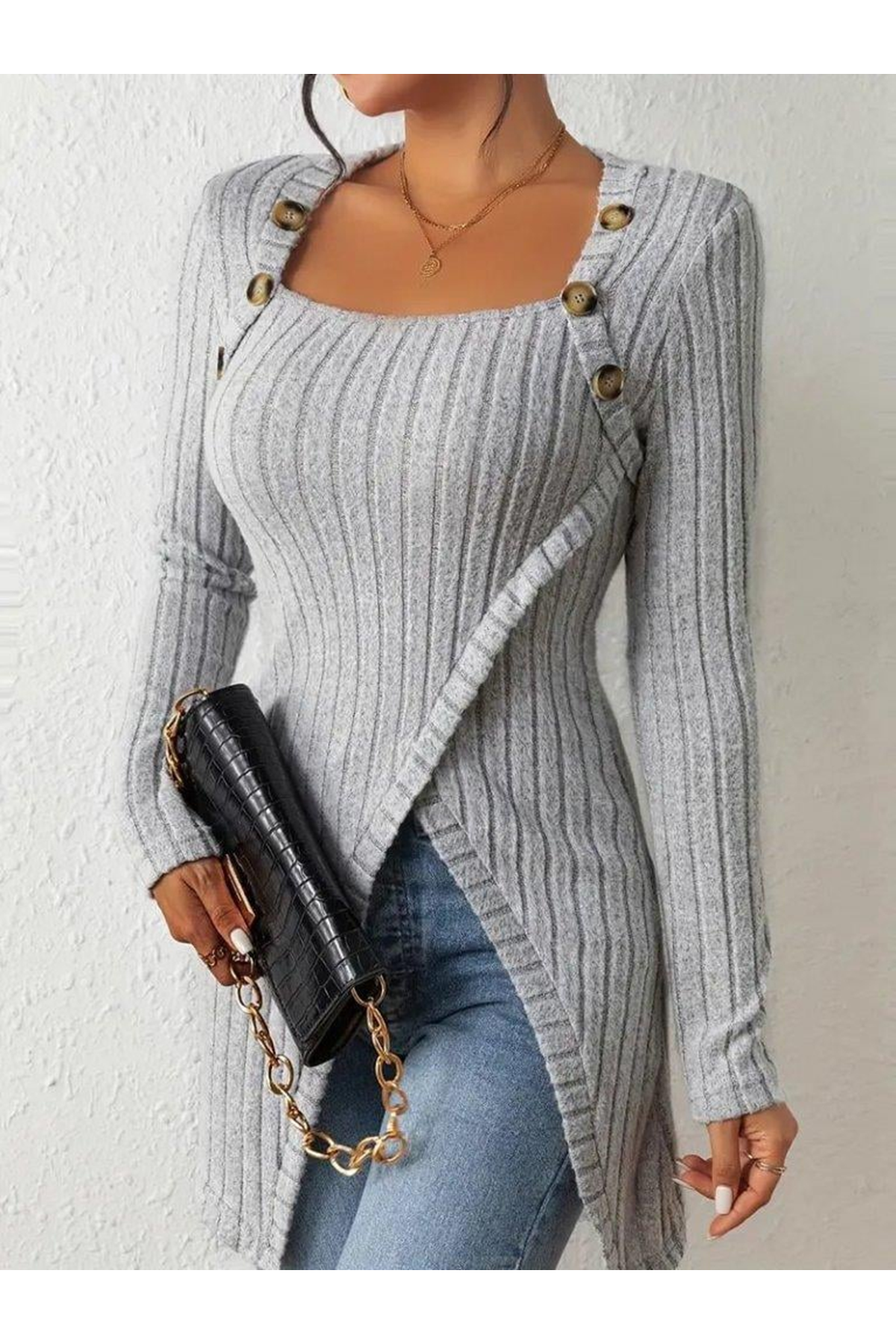 Kadın Uzun Kollu Derin Kare Yaka Düğme Detay şardonlu Kaşkorse Kruvaze Bluz