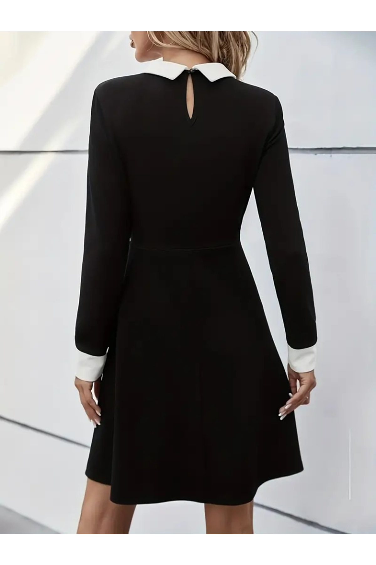 Kadın Uzun Kollu Yakalı A Kesim Kısa Ithal Krep Elbise