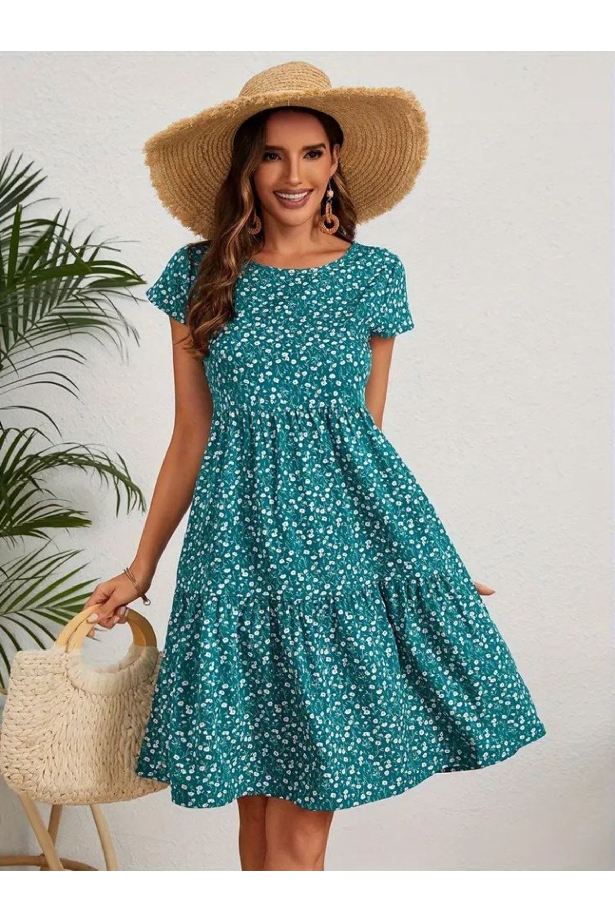 Kadın Kısa Kollu Bisiklet Yaka çiçek Desenli Süprem Elbise