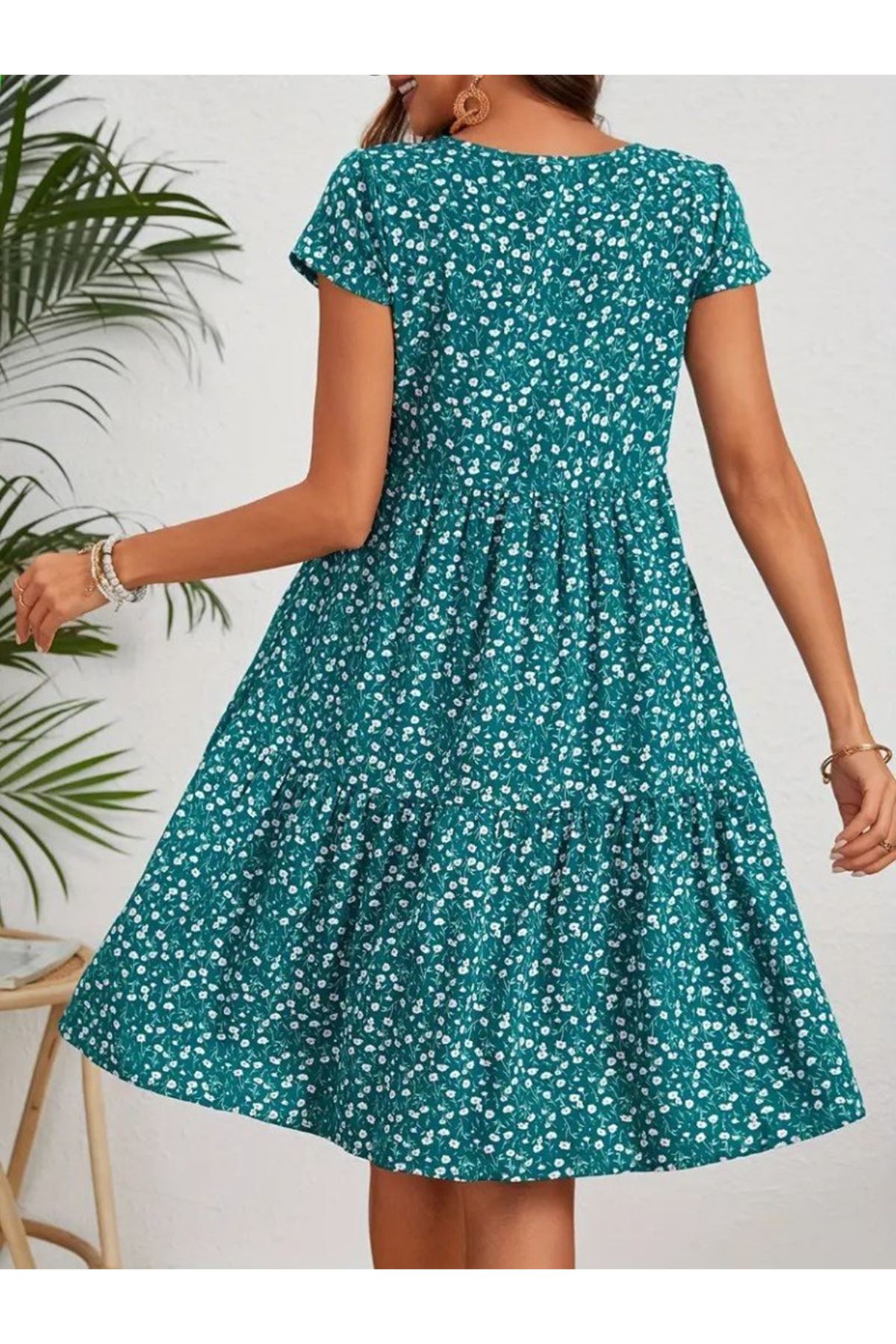 Kadın Kısa Kollu Bisiklet Yaka çiçek Desenli Süprem Elbise