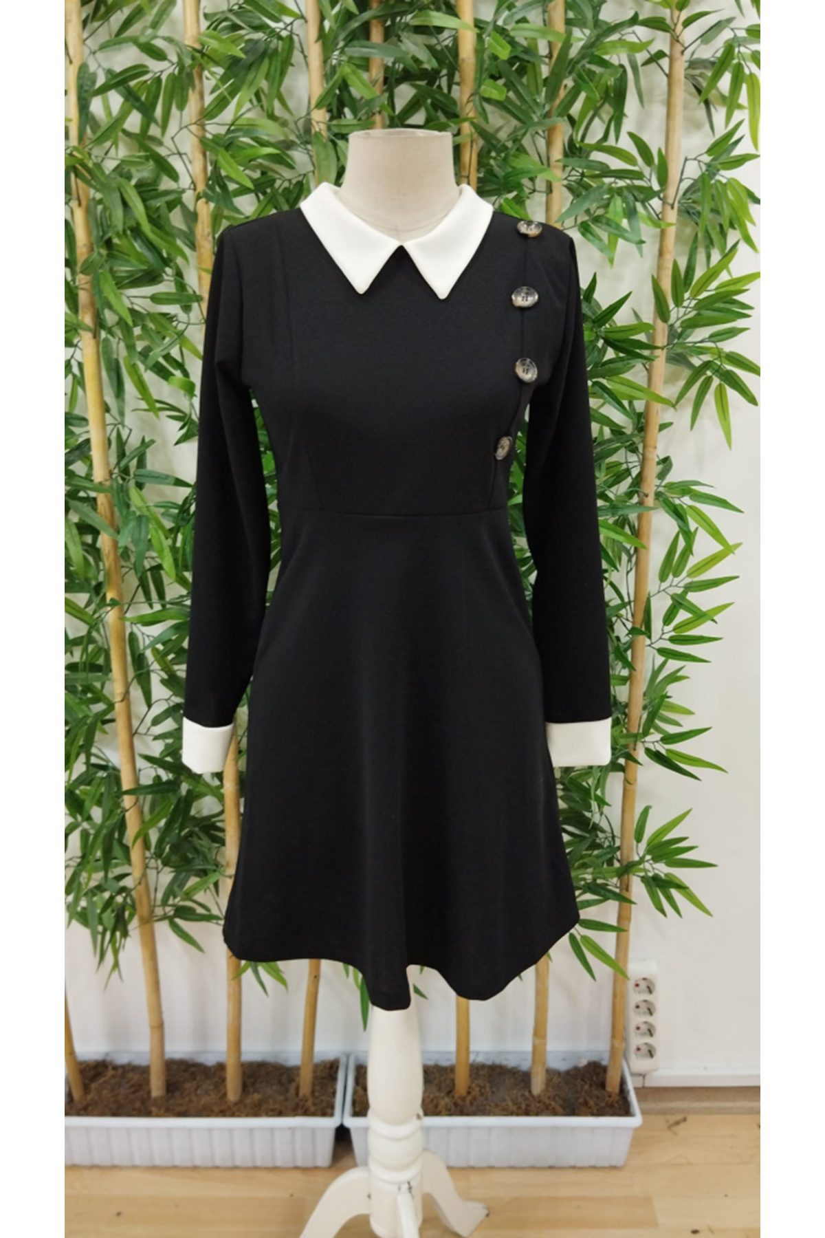 Kadın Uzun Kollu Yakalı A Kesim Kısa Ithal Krep Elbise