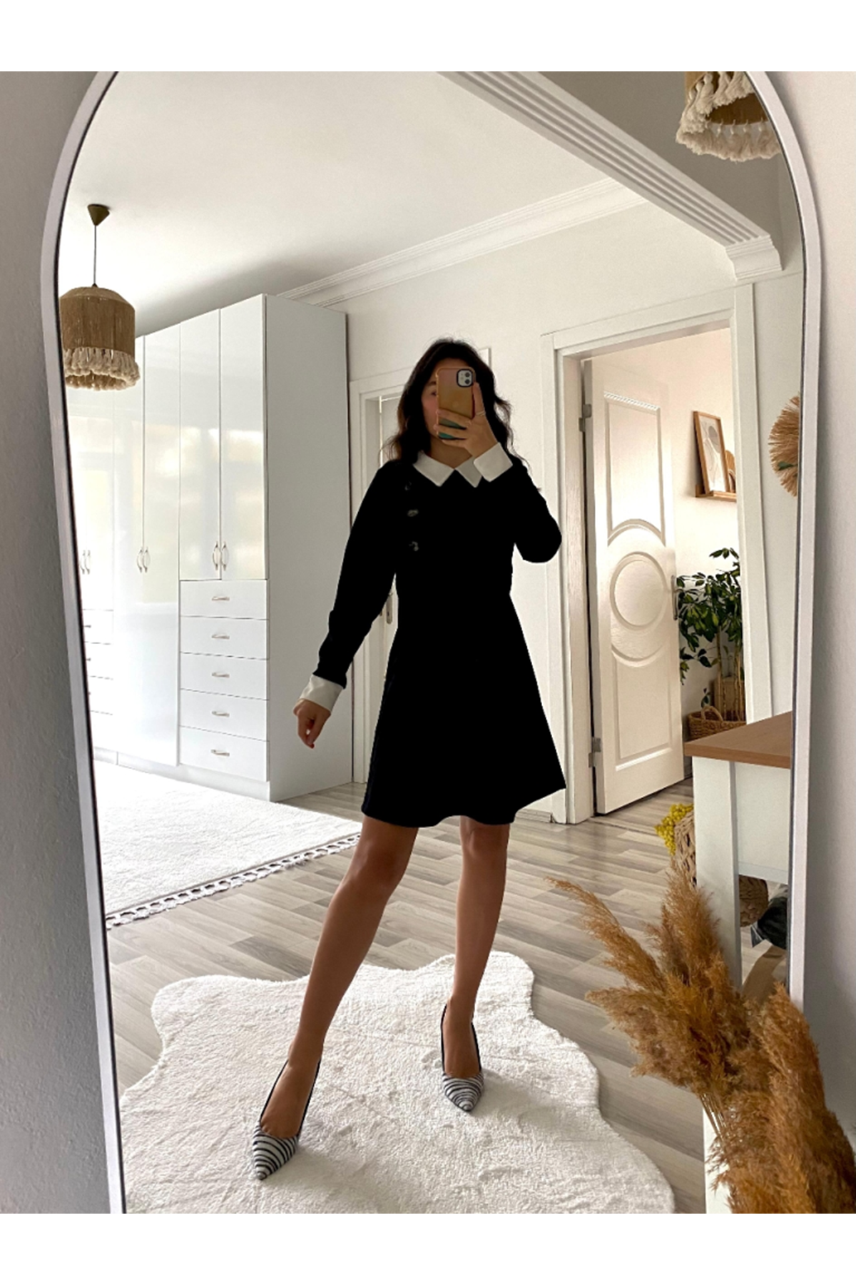 Kadın Uzun Kollu Yakalı A Kesim Kısa Ithal Krep Elbise