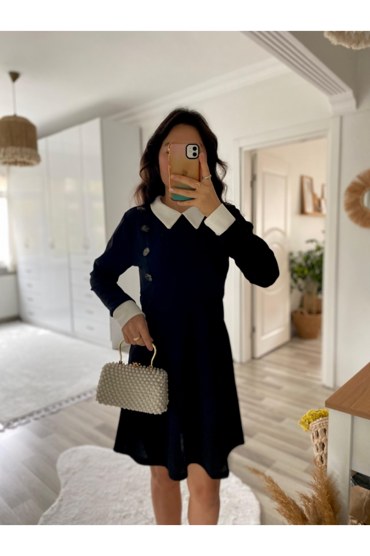 Kadın Uzun Kollu Yakalı A Kesim Kısa Ithal Krep Elbise