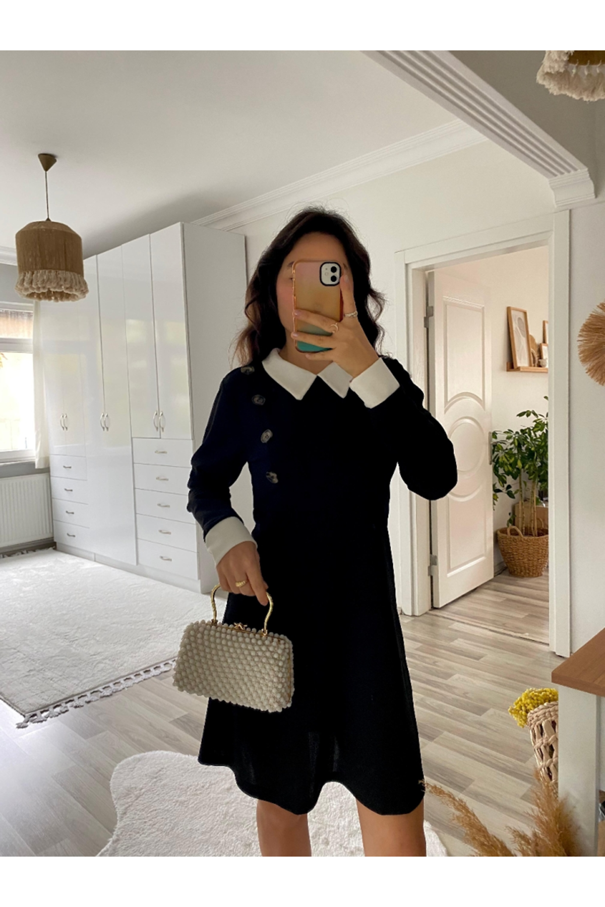 Kadın Uzun Kollu Yakalı A Kesim Kısa Ithal Krep Elbise