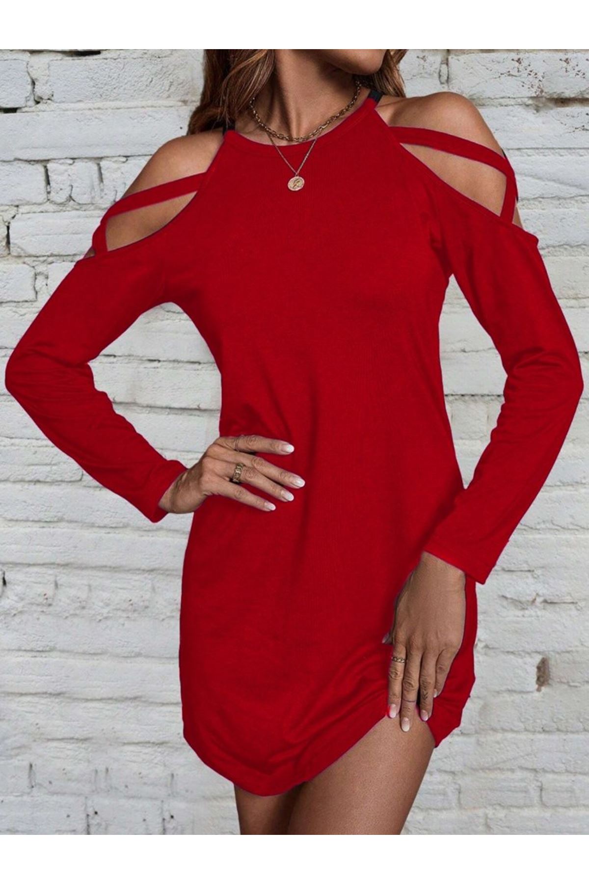 Kadın Uzun Kollu Omuz Açık Askı Detay Viskon Mini Boy Elbise