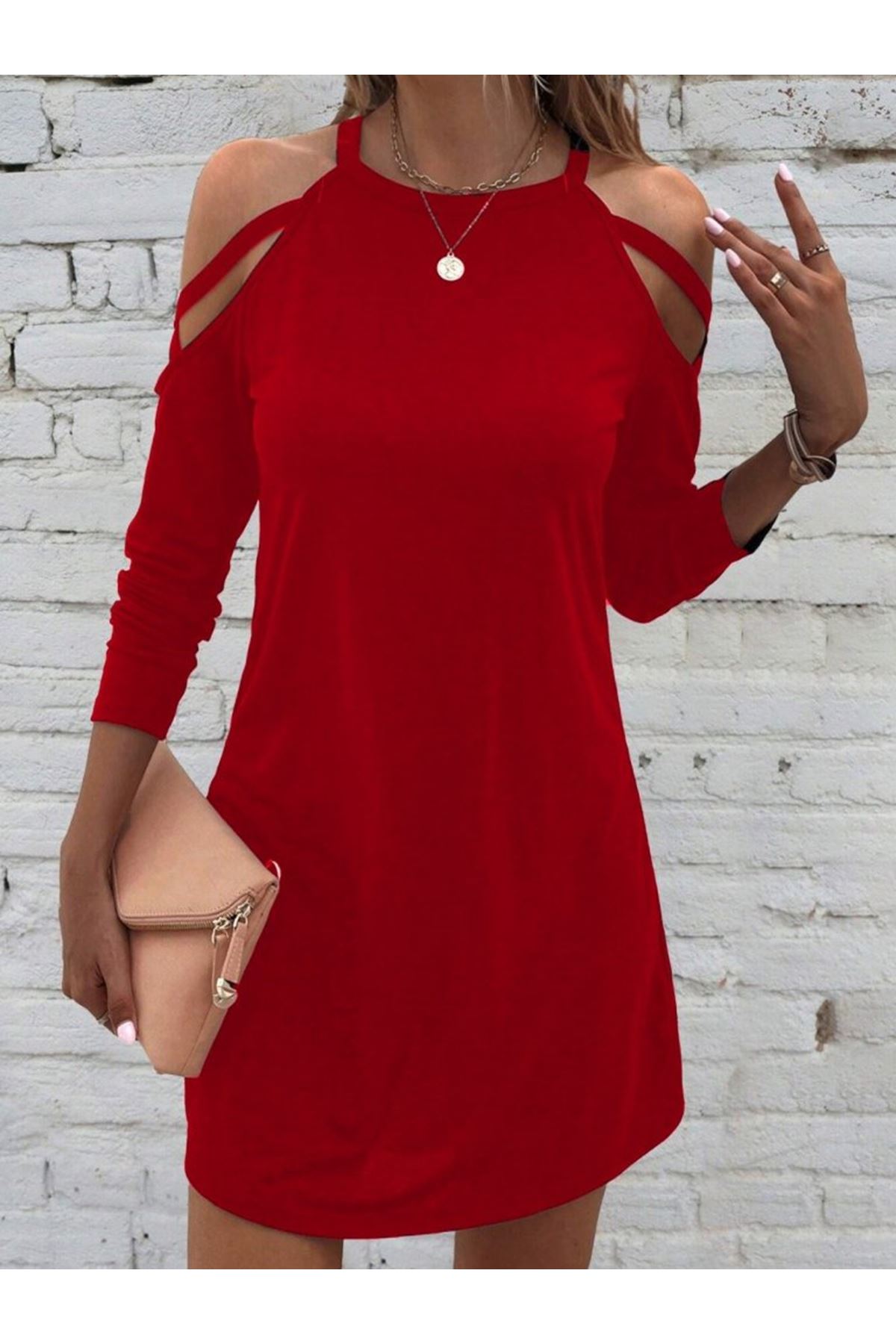 Kadın Uzun Kollu Omuz Açık Askı Detay Viskon Mini Boy Elbise