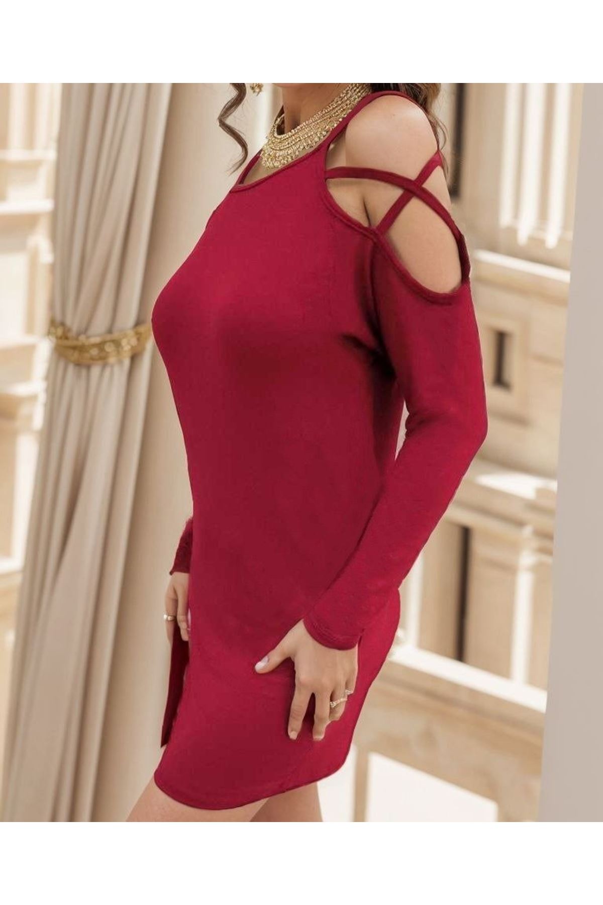 Kadın Uzun Kollu Omuz Açık Askı Detay Viskon Mini Boy Elbise