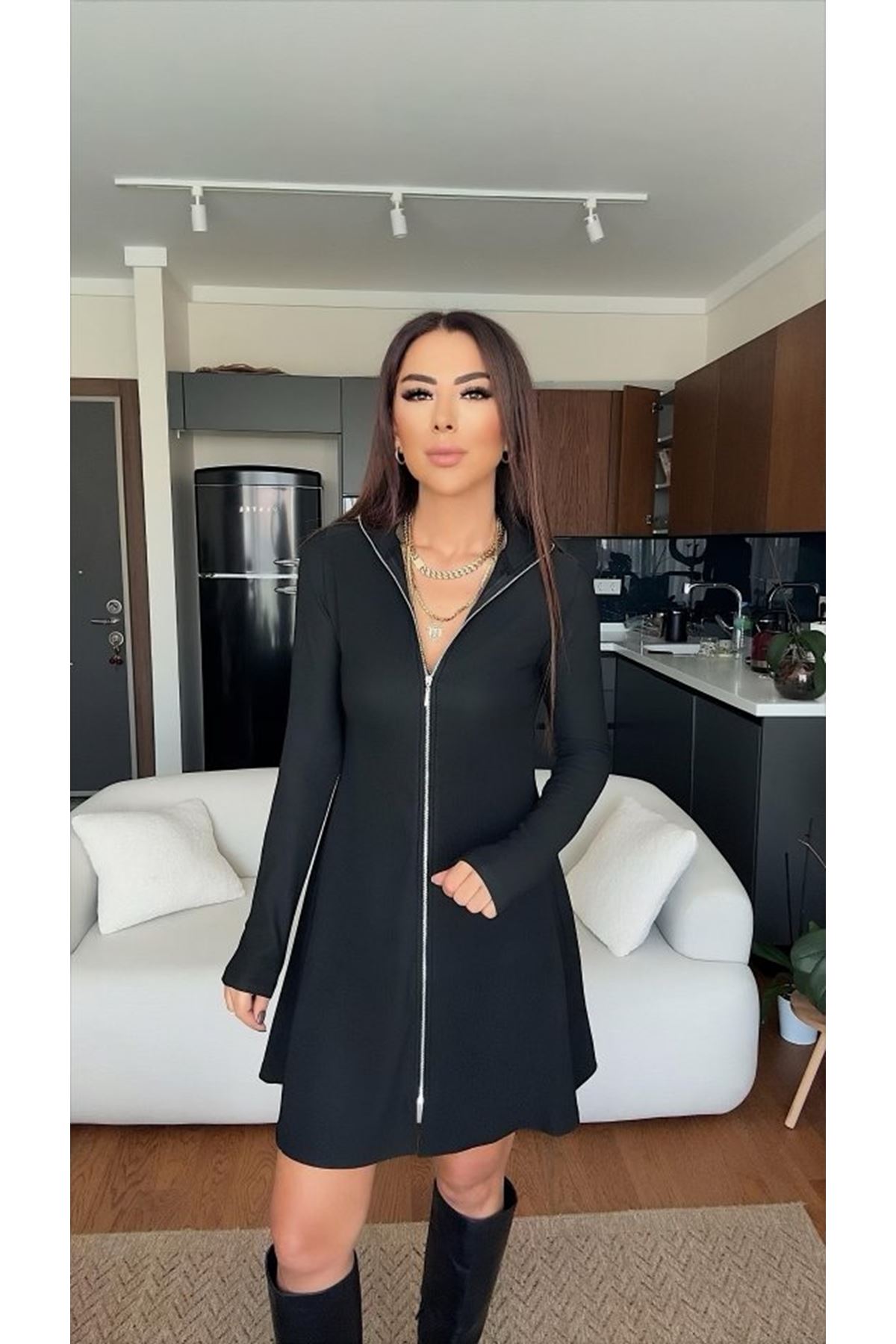 Kadın Uzun Kollu Hakim Yaka Ayarlanabilir Fermuar Dekolteli Mini Elbise