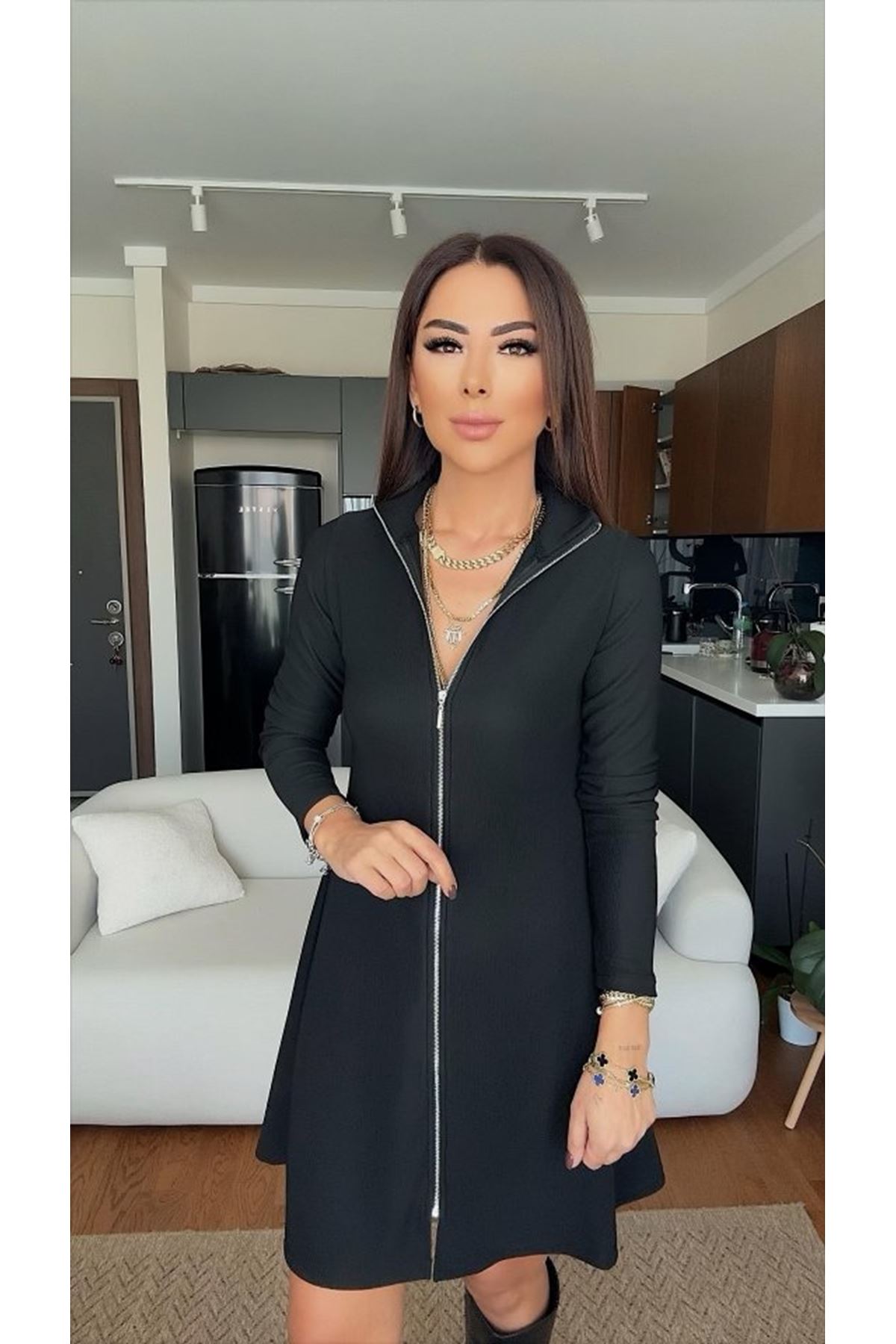 Kadın Uzun Kollu Hakim Yaka Ayarlanabilir Fermuar Dekolteli Mini Elbise