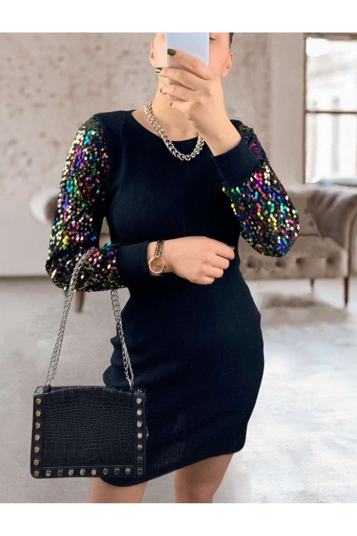 Kadın Uzun Kollu Kolları Payet Bisiklet Yaka Kısa Kaşkorse Elbise