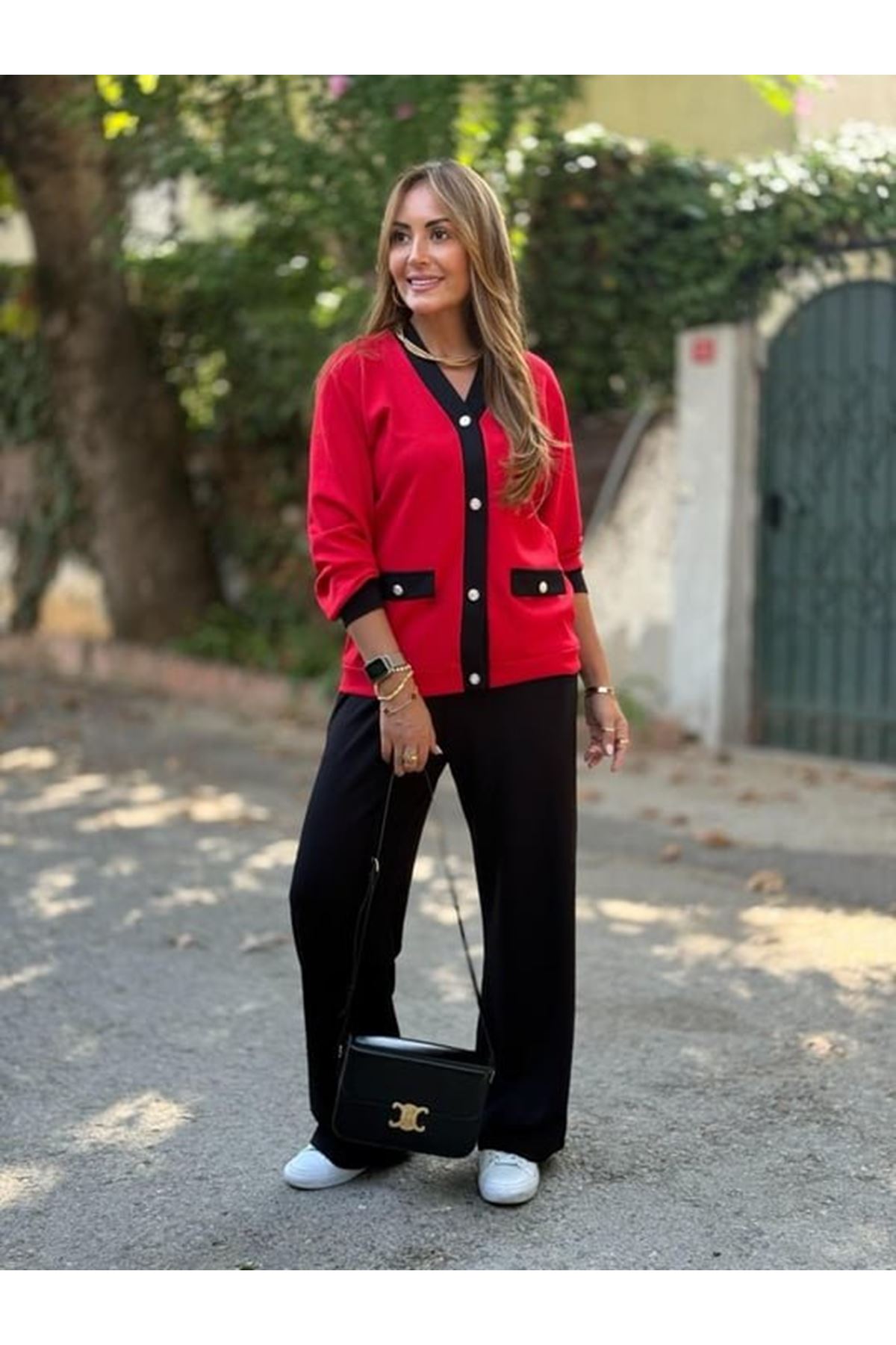 Kadın Uzun Kollu Ribanali Cep Detay Hırka Ve Bol Paça Pantolon Ikili Takım