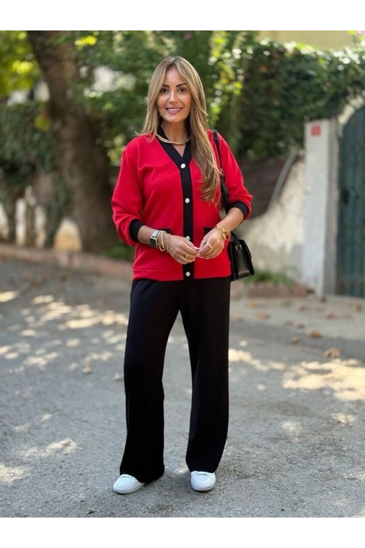 Kadın Uzun Kollu Ribanali Cep Detay Hırka Ve Bol Paça Pantolon Ikili Takım