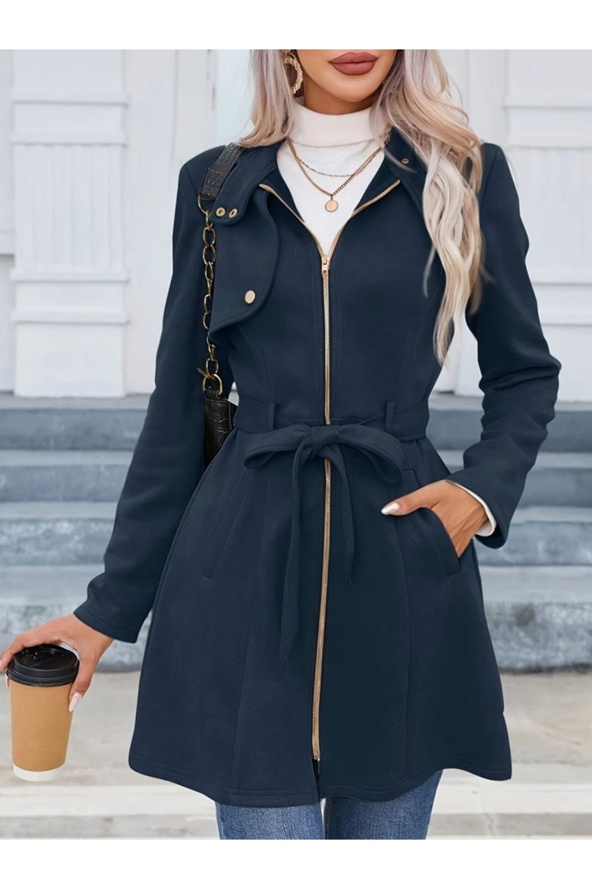 Kadın Uzun Kollu Boyundan Düğmeli Fermuarlı Beli Kuşaklı Süet Ceket
