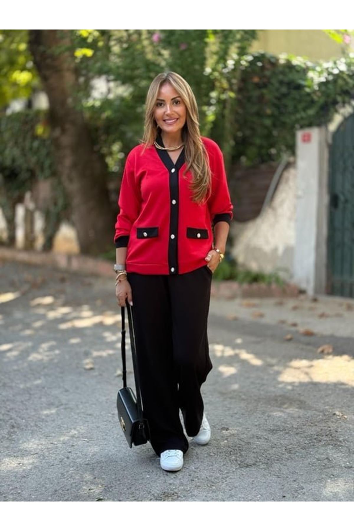 Kadın Uzun Kollu Ribanali Cep Detay Hırka Ve Bol Paça Pantolon Ikili Takım