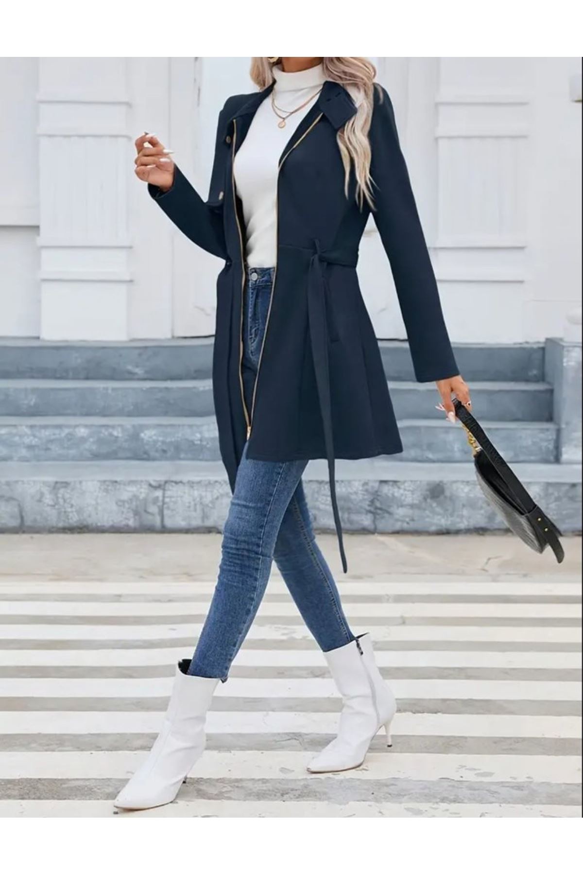 Kadın Uzun Kollu Boyundan Düğmeli Fermuarlı Beli Kuşaklı Süet Ceket