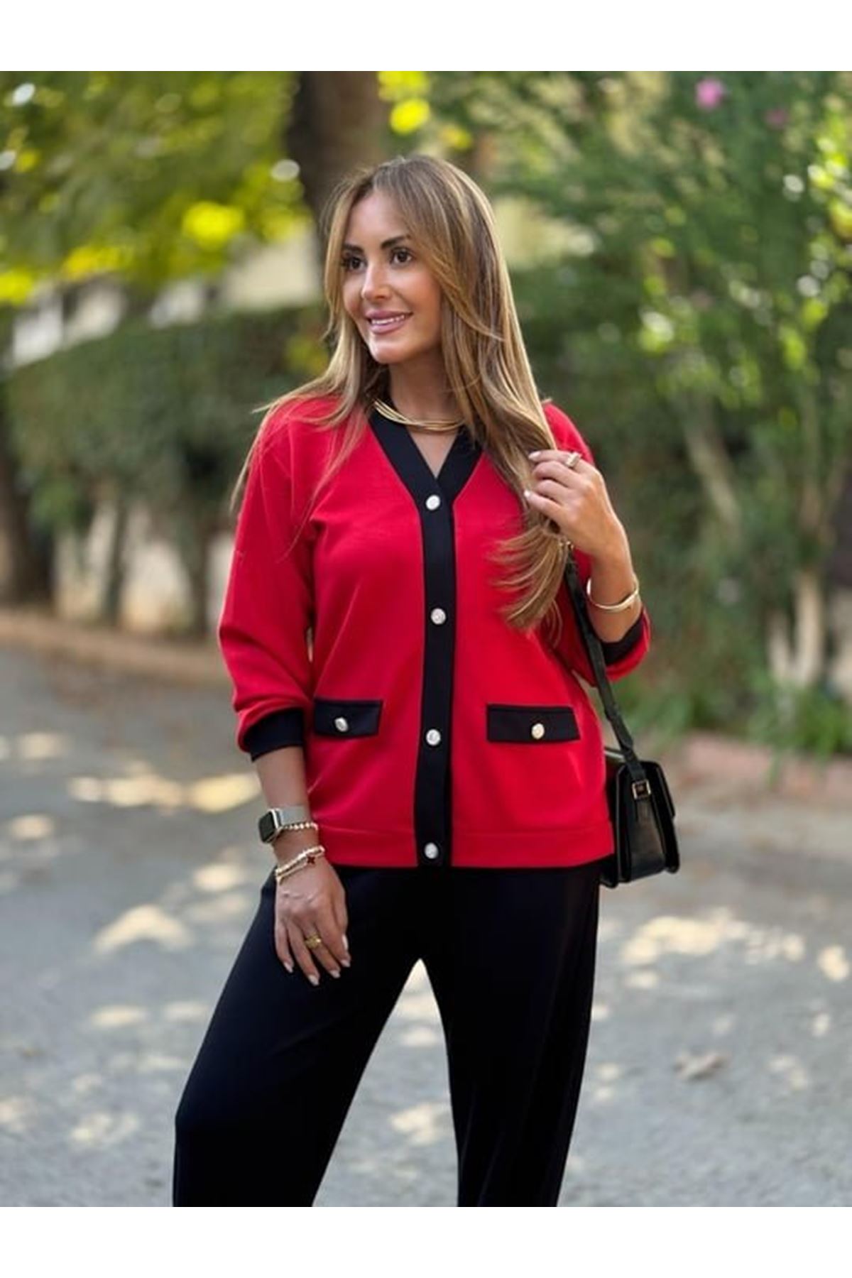 Kadın Uzun Kollu Ribanali Cep Detay Hırka Ve Bol Paça Pantolon Ikili Takım