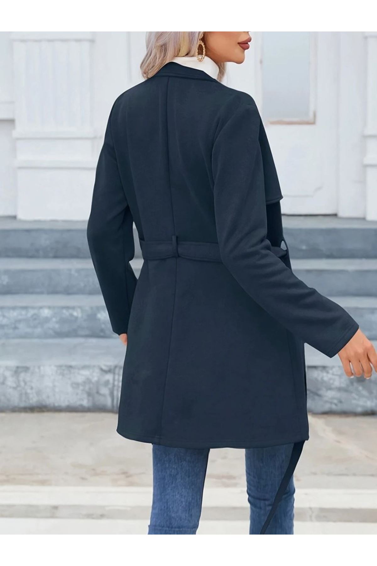 Kadın Uzun Kollu Boyundan Düğmeli Fermuarlı Beli Kuşaklı Süet Ceket