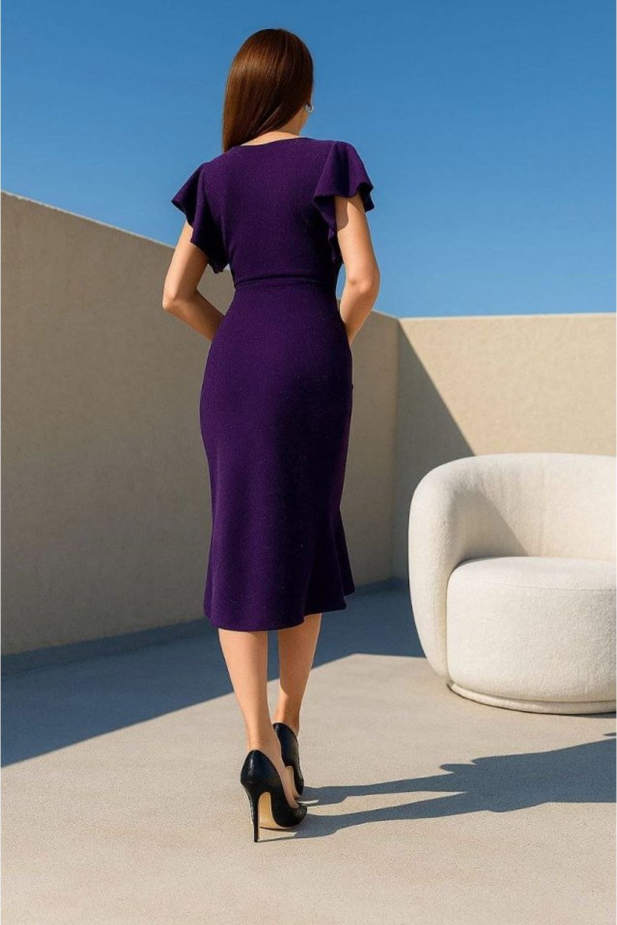 Kadın Simli Elbise Kol Pileli Yırtmaç Detaylı Elbise