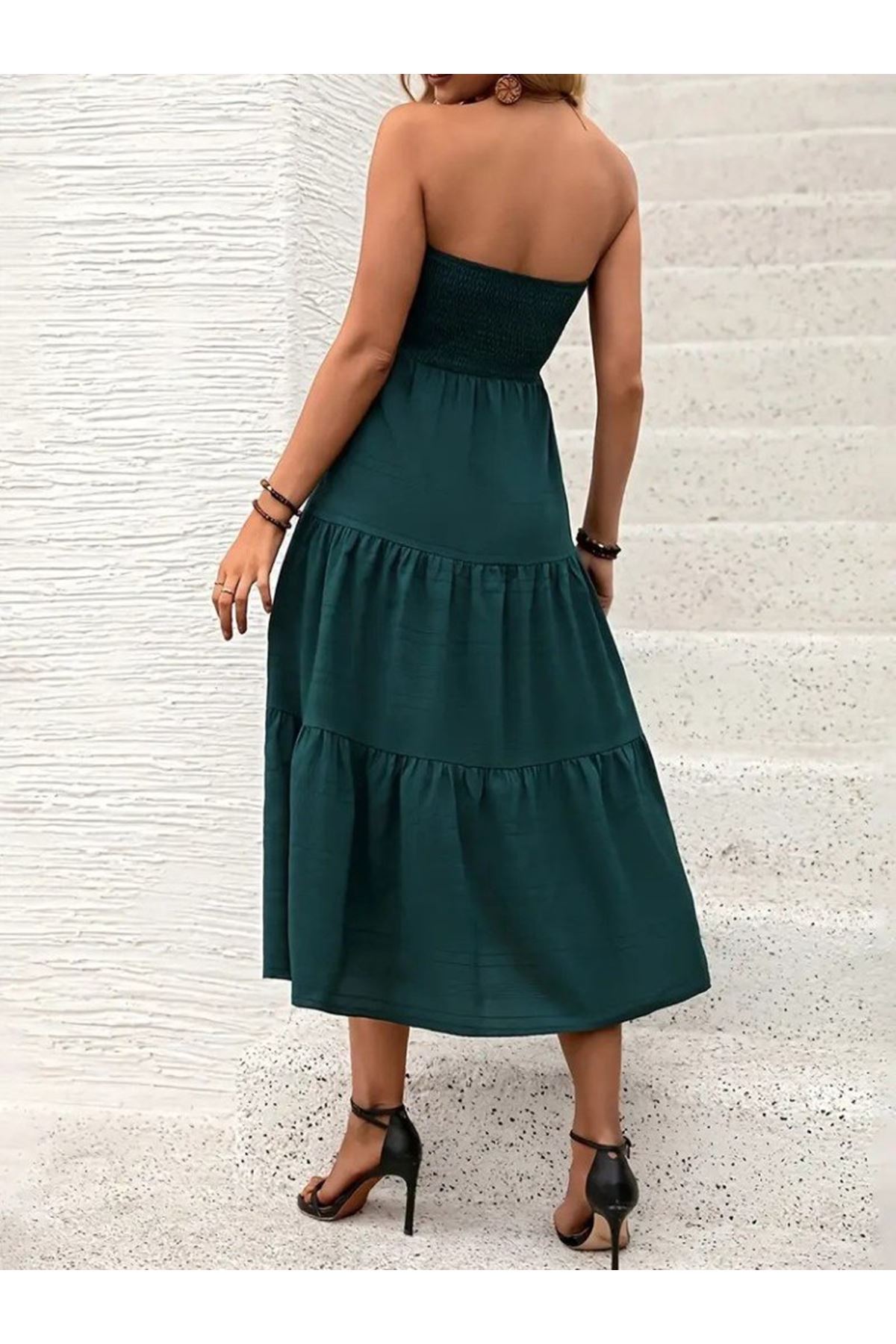 Kadın Straplez Göğüsten Lastikli Kloş Aerobin Uzun Elbise