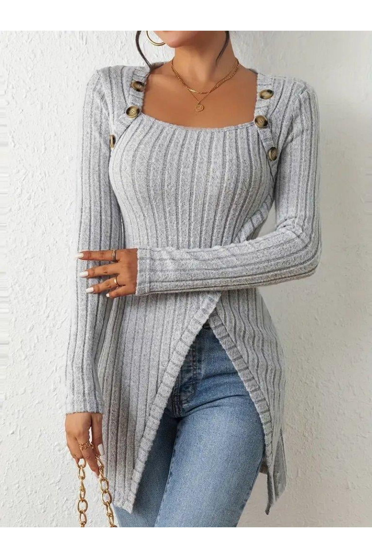 Kadın Uzun Kollu Derin Kare Yaka Düğme Detay şardonlu Kaşkorse Kruvaze Bluz