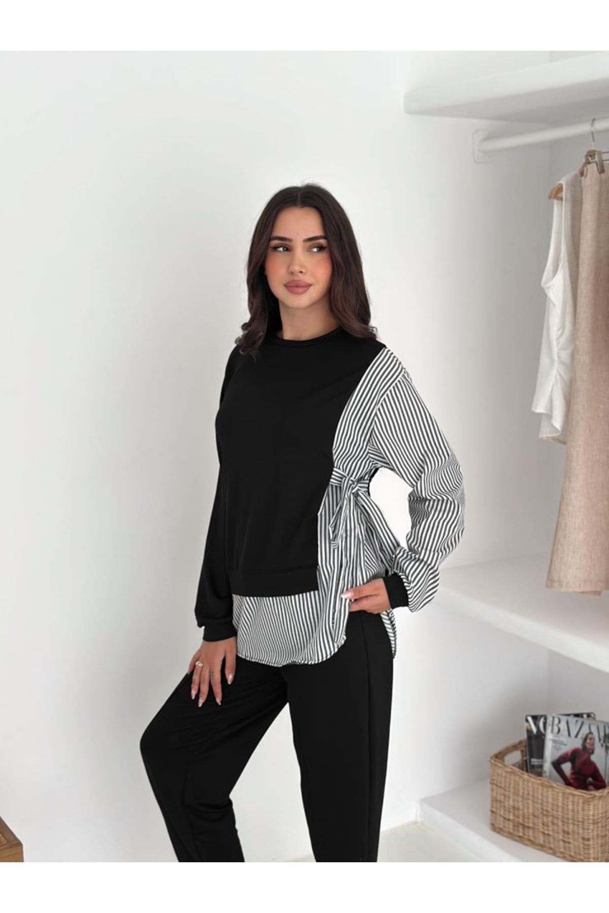 Kadın Gömlek Detay çizgili Yandan Bağlamalı Ikili Takım