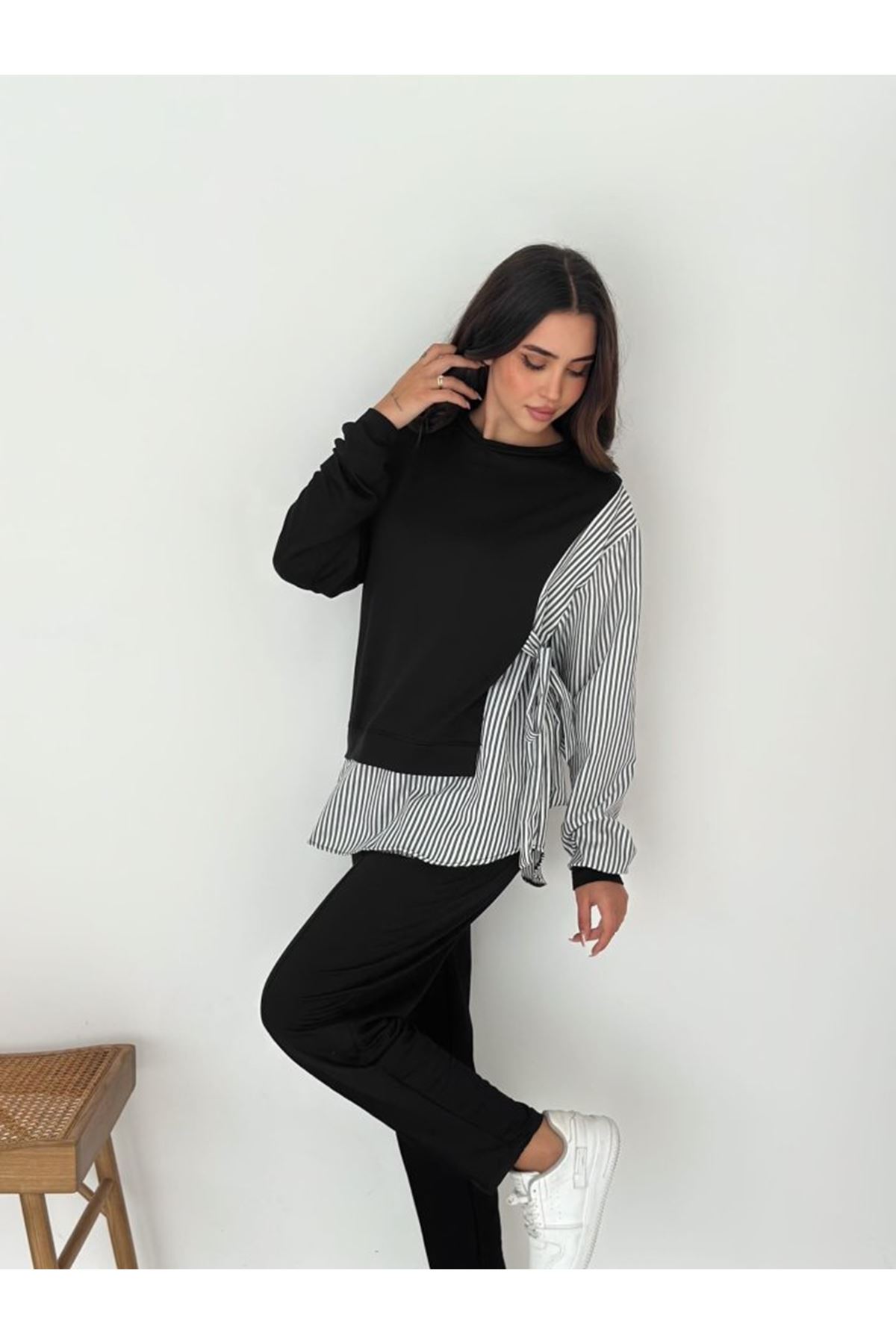 Kadın Gömlek Detay çizgili Yandan Bağlamalı Ikili Takım