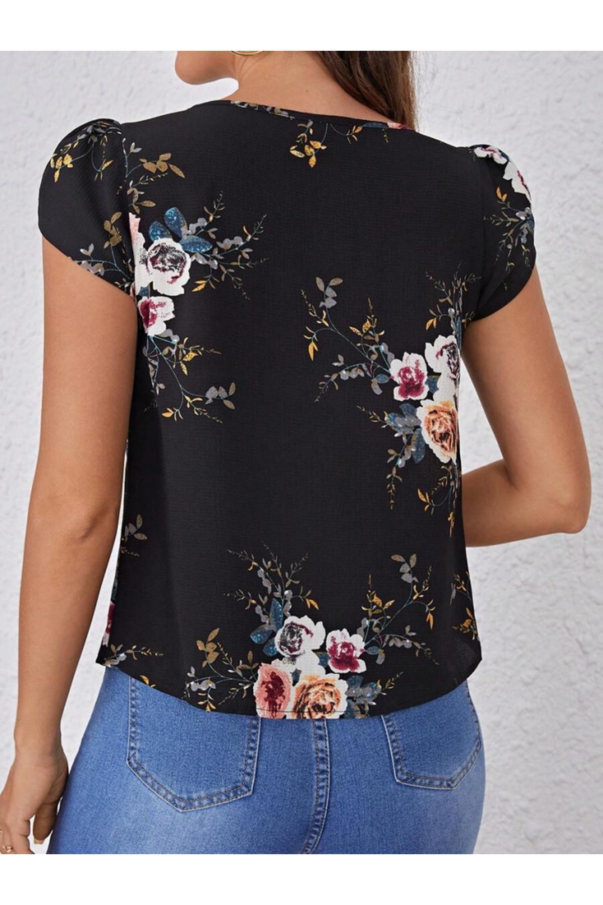 Kadın Kısa Kollu Bisiklet Yaka çiçek Baskılı Süprem Bluz